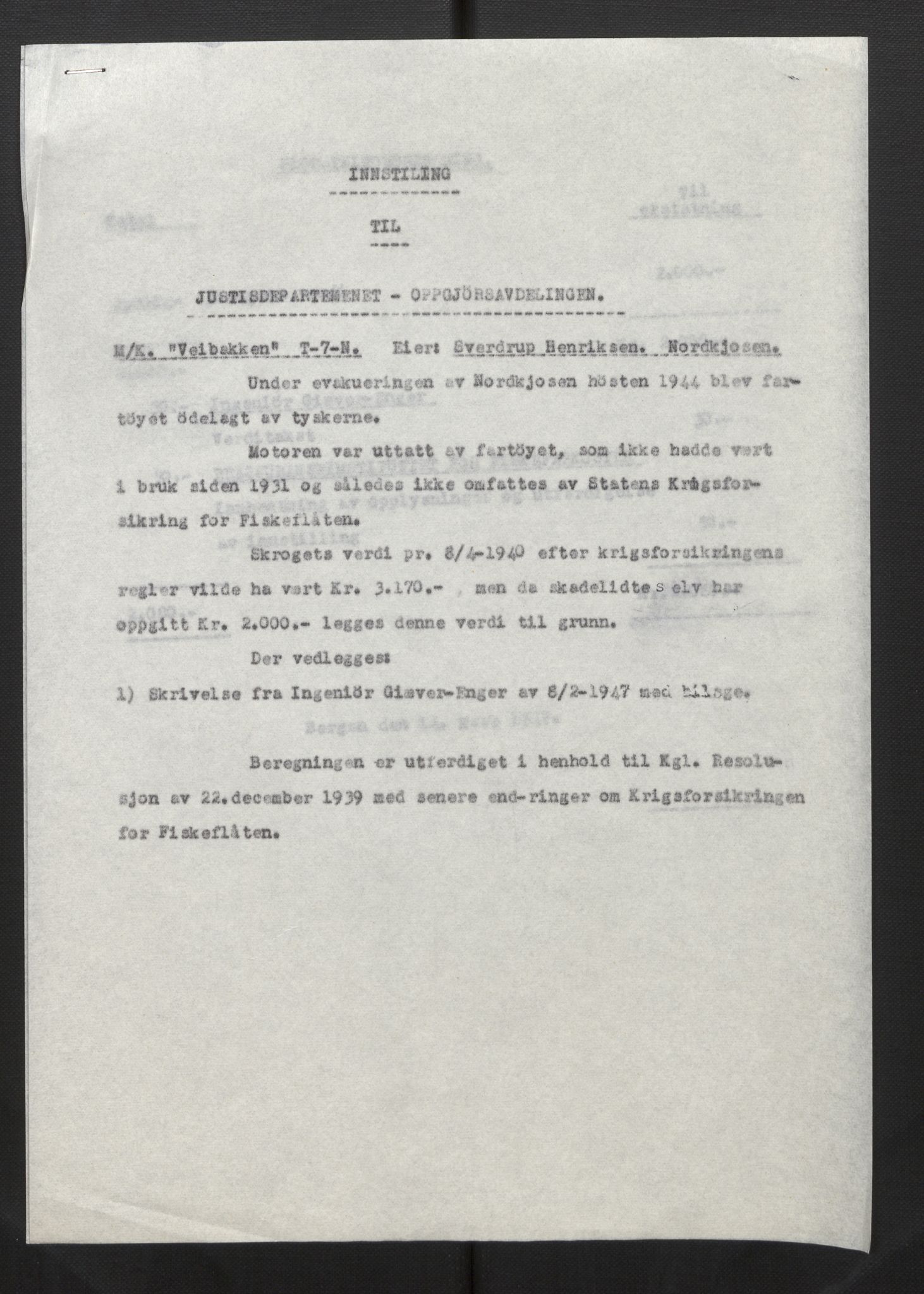Fiskeridirektoratet - 1 Adm. ledelse - 13 Båtkontoret, AV/SAB-A-2003/La/L0033: Statens krigsforsikring for fiskeflåten, 1936-1971, s. 2