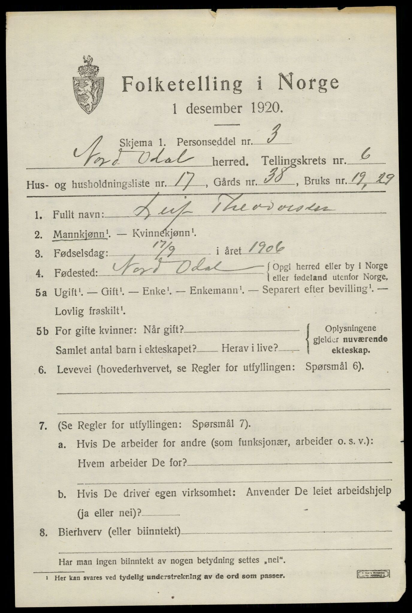 SAH, Folketelling 1920 for 0418 Nord-Odal herred, 1920, s. 6799