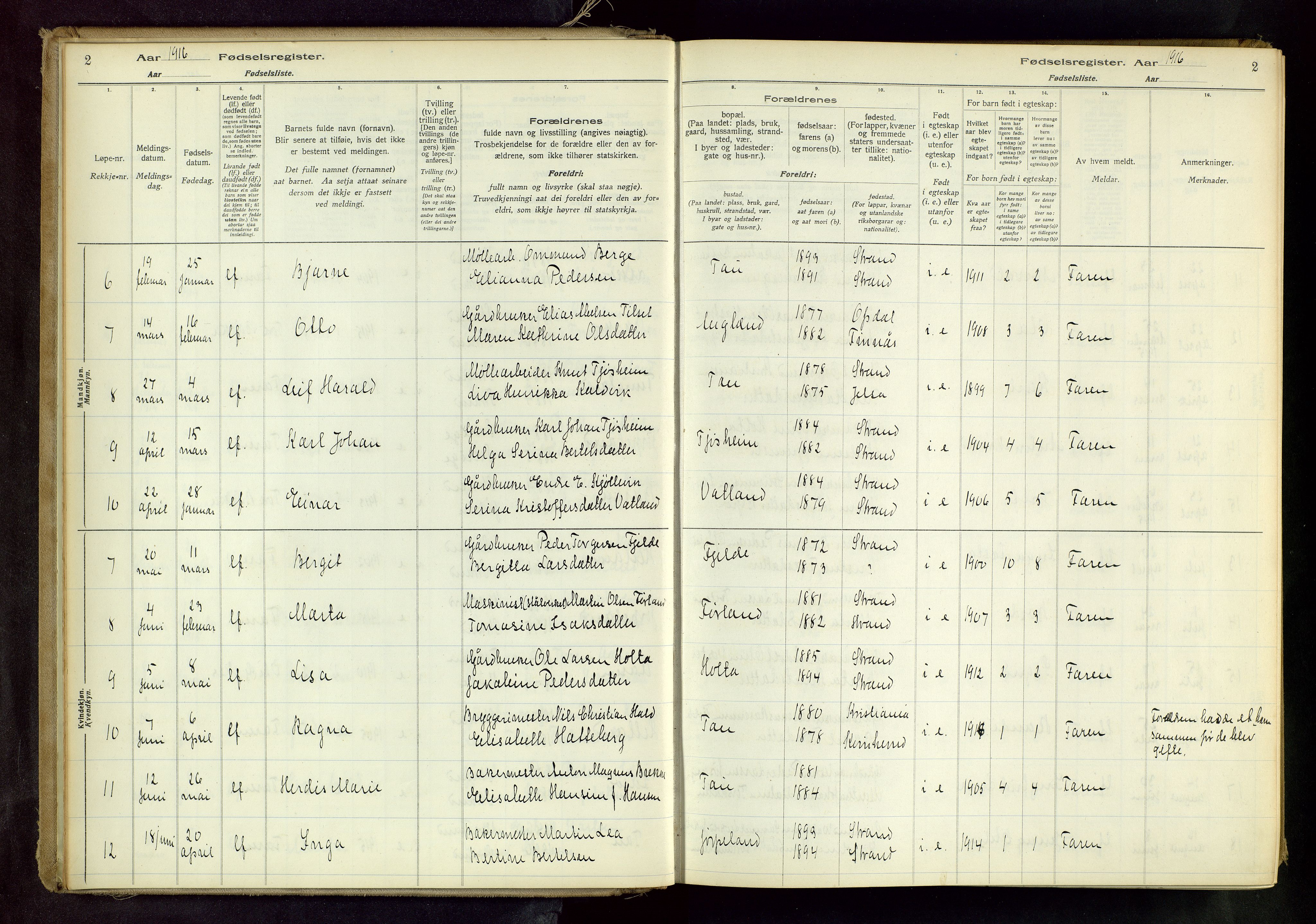 Strand sokneprestkontor, SAST/A-101828/I/Id/L0001: Fødselsregister nr. 1, 1916-1938, s. 2