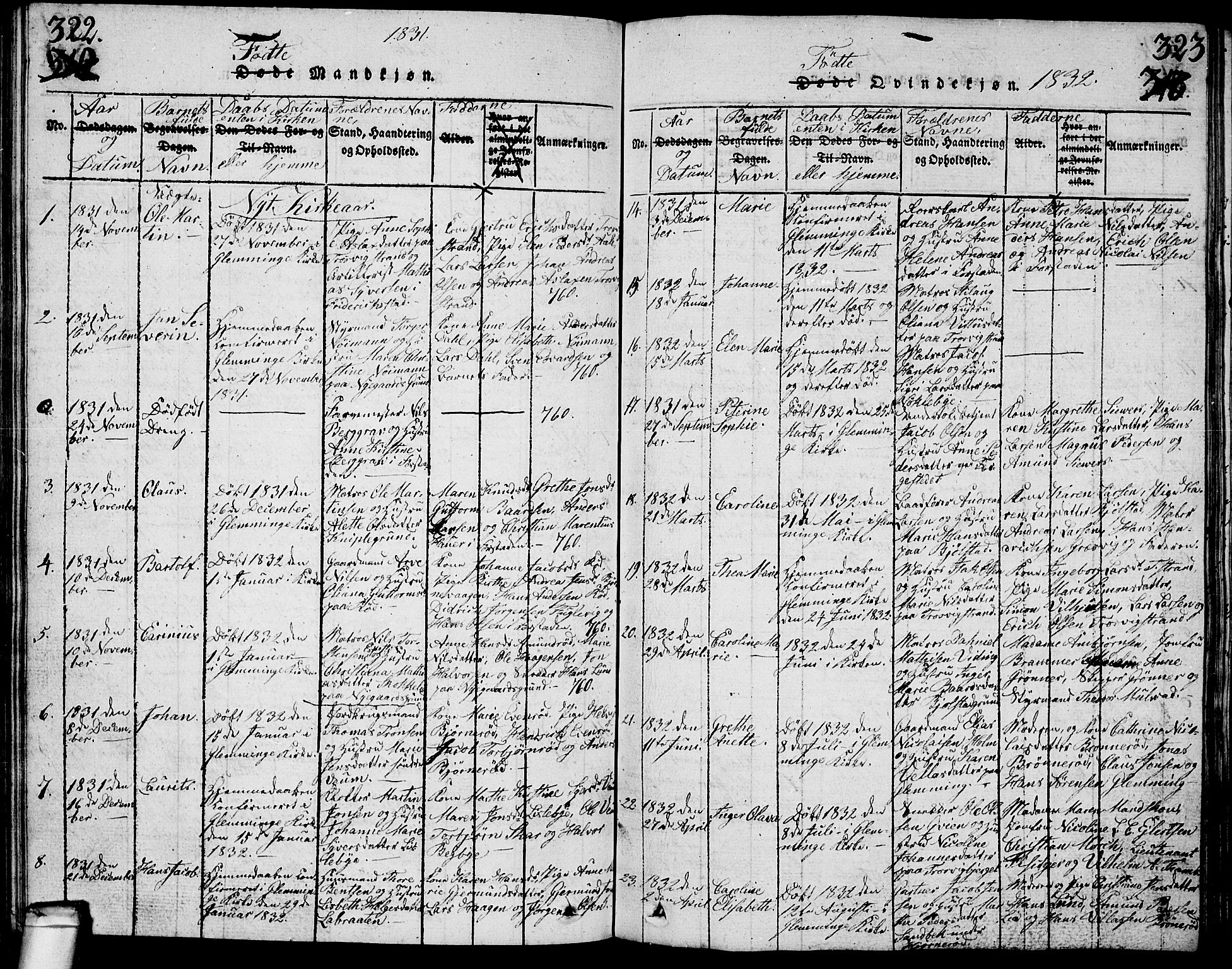 Glemmen prestekontor Kirkebøker, AV/SAO-A-10908/G/Ga/L0001: Klokkerbok nr. 1, 1816-1838, s. 322-323