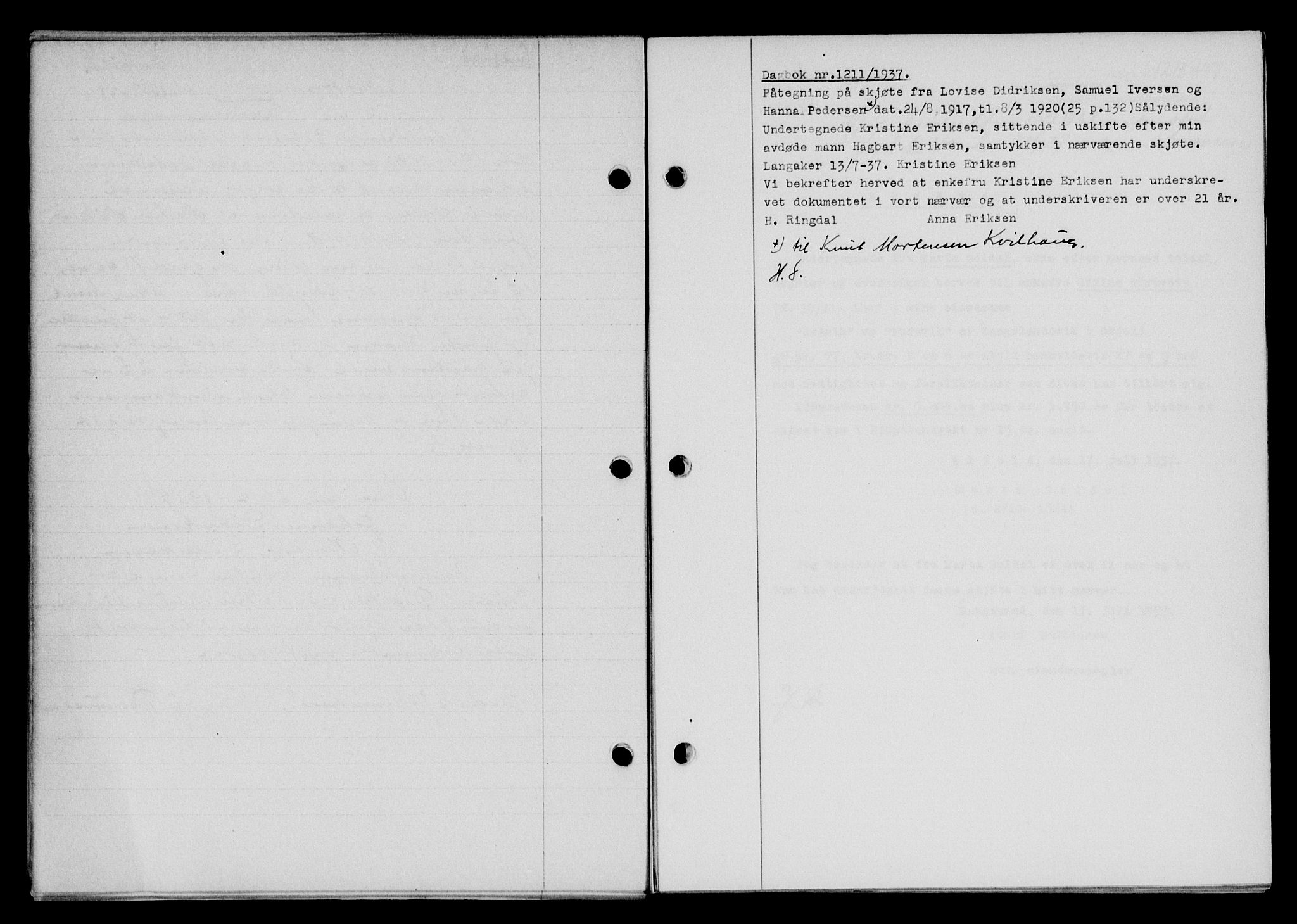 Karmsund sorenskriveri, SAST/A-100311/01/II/IIB/L0068: Pantebok nr. 49A, 1937-1937, Dagboknr: 1211/1937