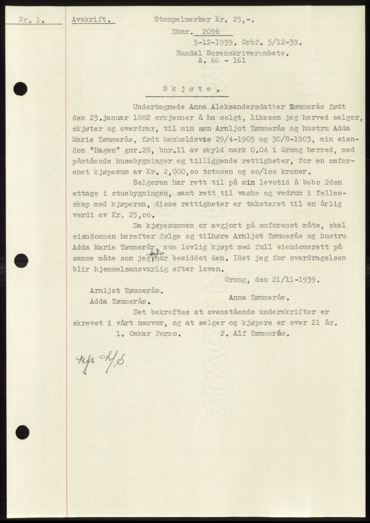 Namdal sorenskriveri, SAT/A-4133/1/2/2C: Pantebok nr. -, 1937-1939, Tingl.dato: 05.12.1939