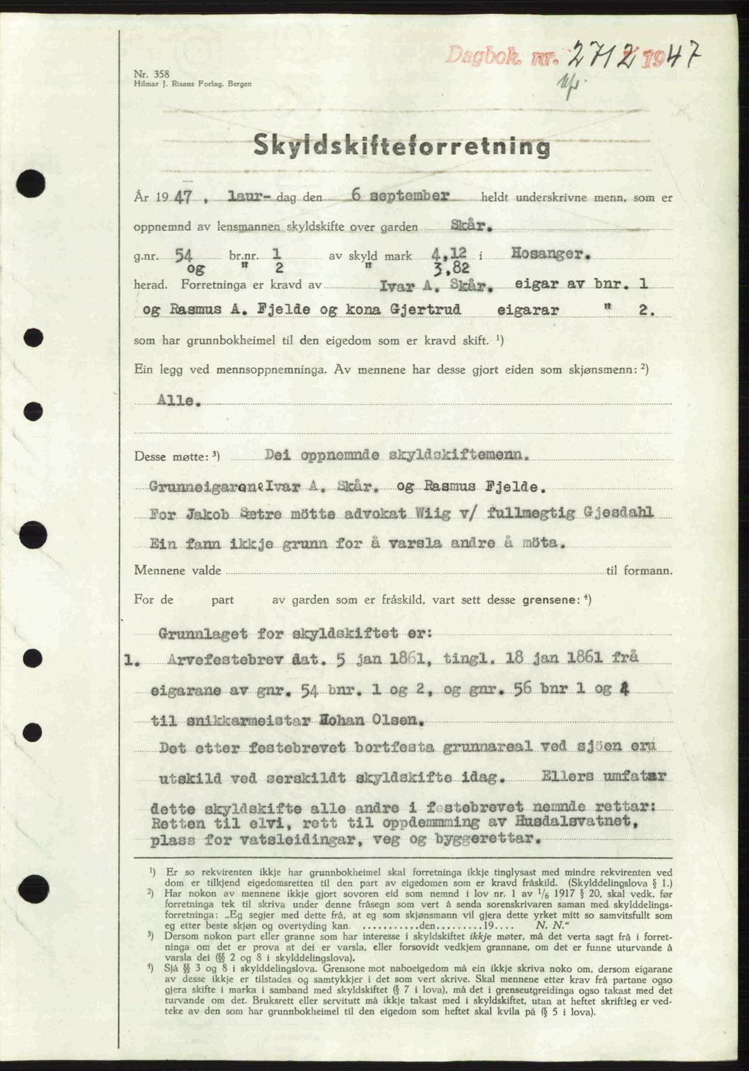 Nordhordland sorenskrivar, SAB/A-2901/1/G/Gb/Gbf/L0032: Pantebok nr. A32, 1947-1947, Dagboknr: 2712/1947