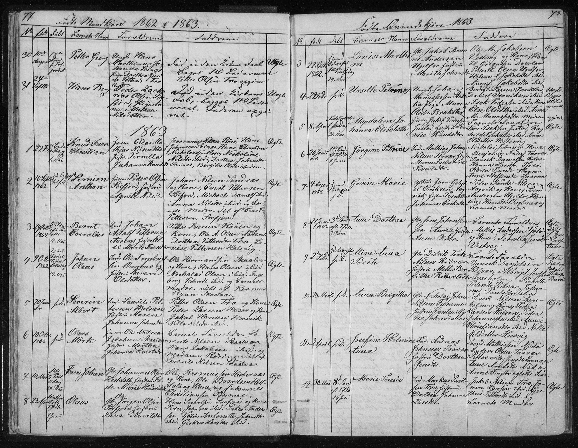 Ministerialprotokoller, klokkerbøker og fødselsregistre - Nordland, AV/SAT-A-1459/817/L0266: Klokkerbok nr. 817C01, 1841-1869, s. 77-78