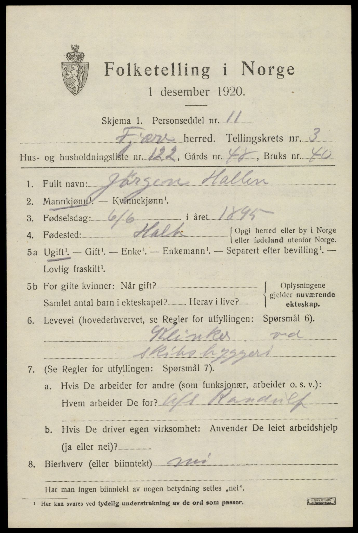 SAK, Folketelling 1920 for 0923 Fjære herred, 1920, s. 6043