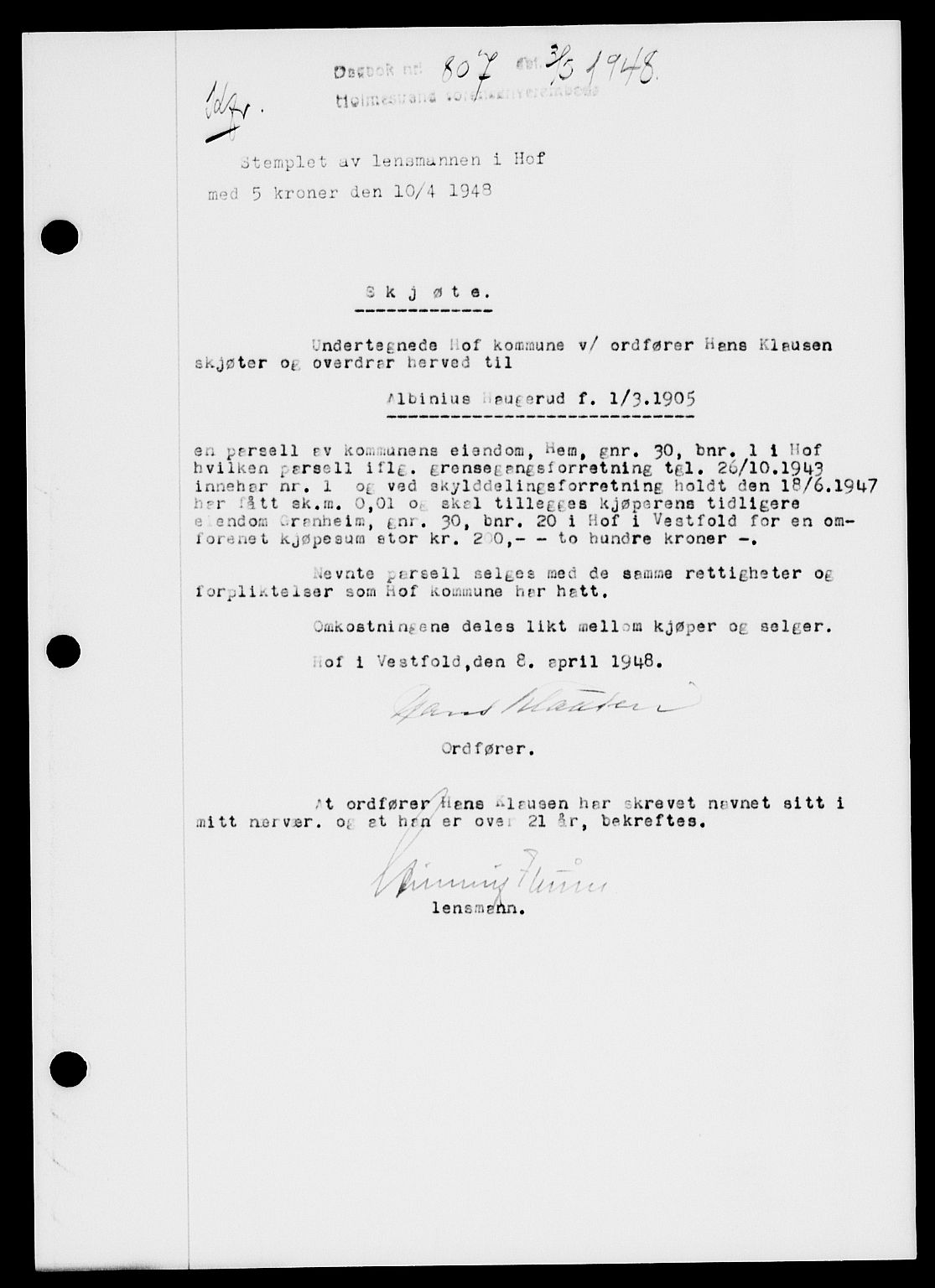 Holmestrand sorenskriveri, SAKO/A-67/G/Ga/Gaa/L0064: Pantebok nr. A-64, 1948-1948, Dagboknr: 807/1948