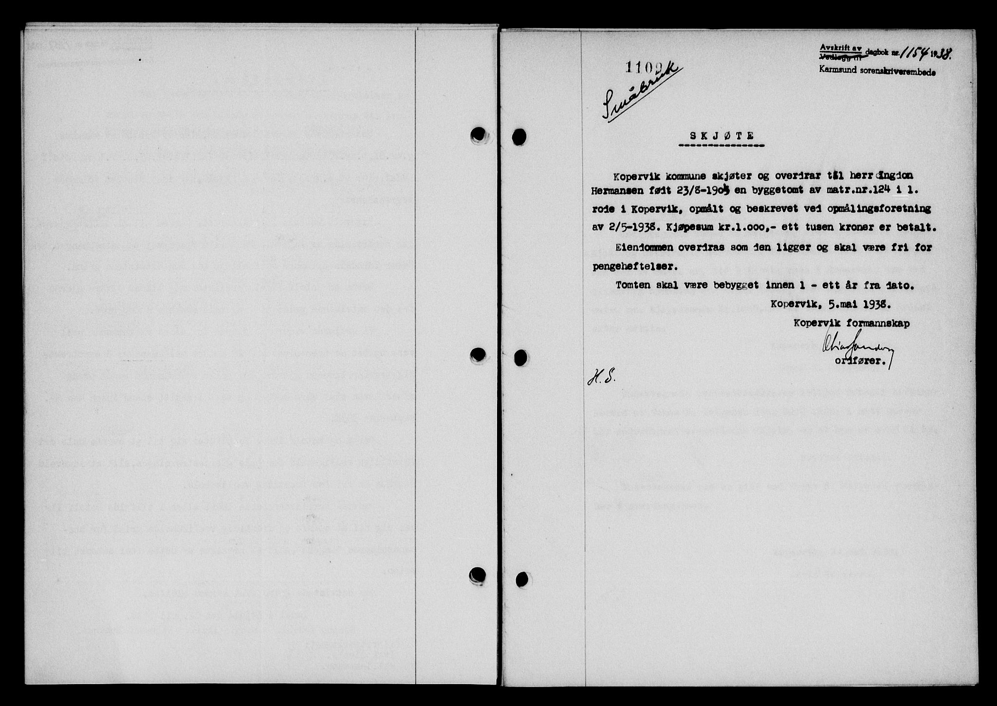 Karmsund sorenskriveri, SAST/A-100311/01/II/IIB/L0069: Pantebok nr. 50A, 1937-1938, Dagboknr: 1154/1938
