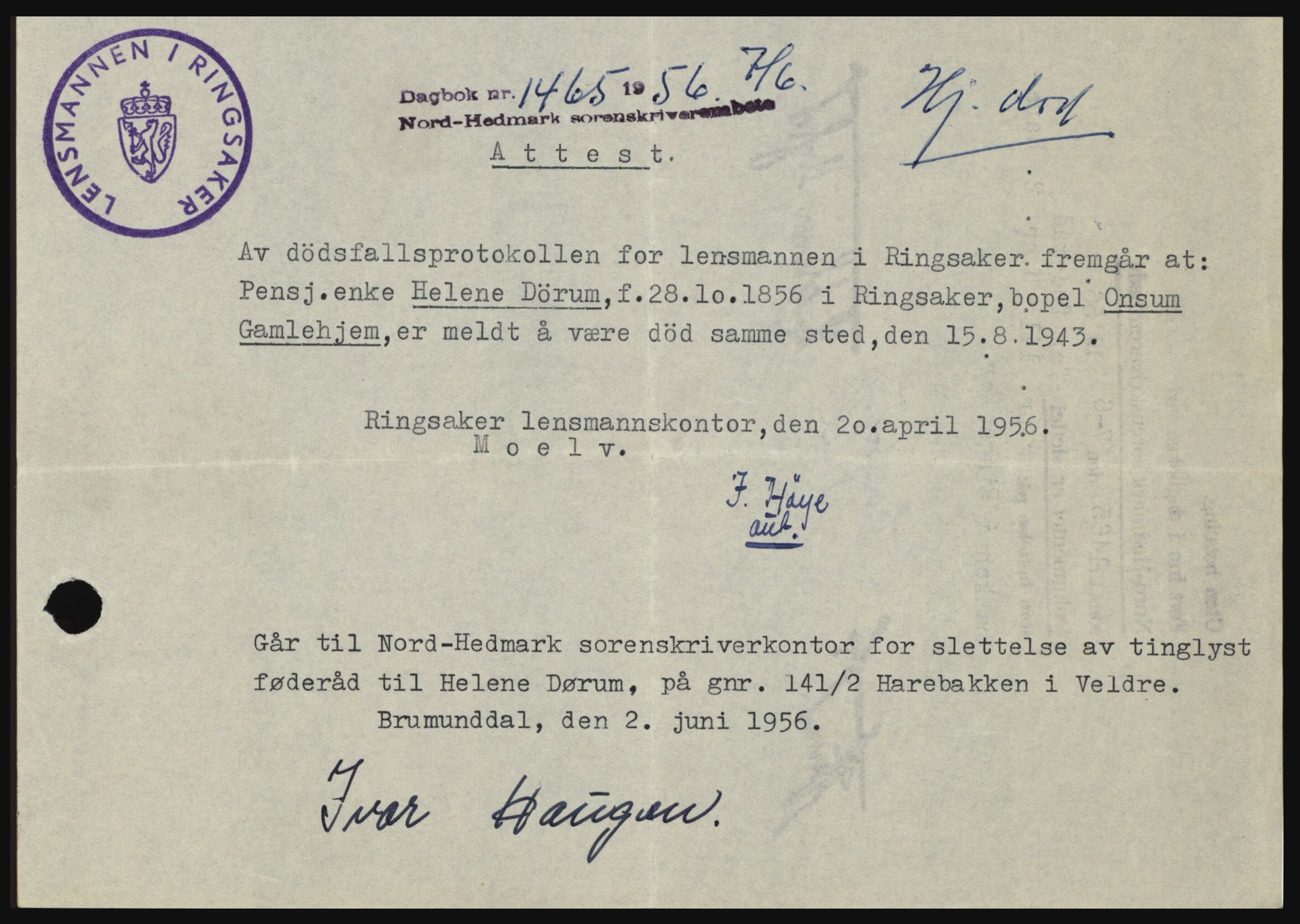 Nord-Hedmark sorenskriveri, SAH/TING-012/H/Hc/L0010: Pantebok nr. 10, 1955-1956, Dagboknr: 1465/1956