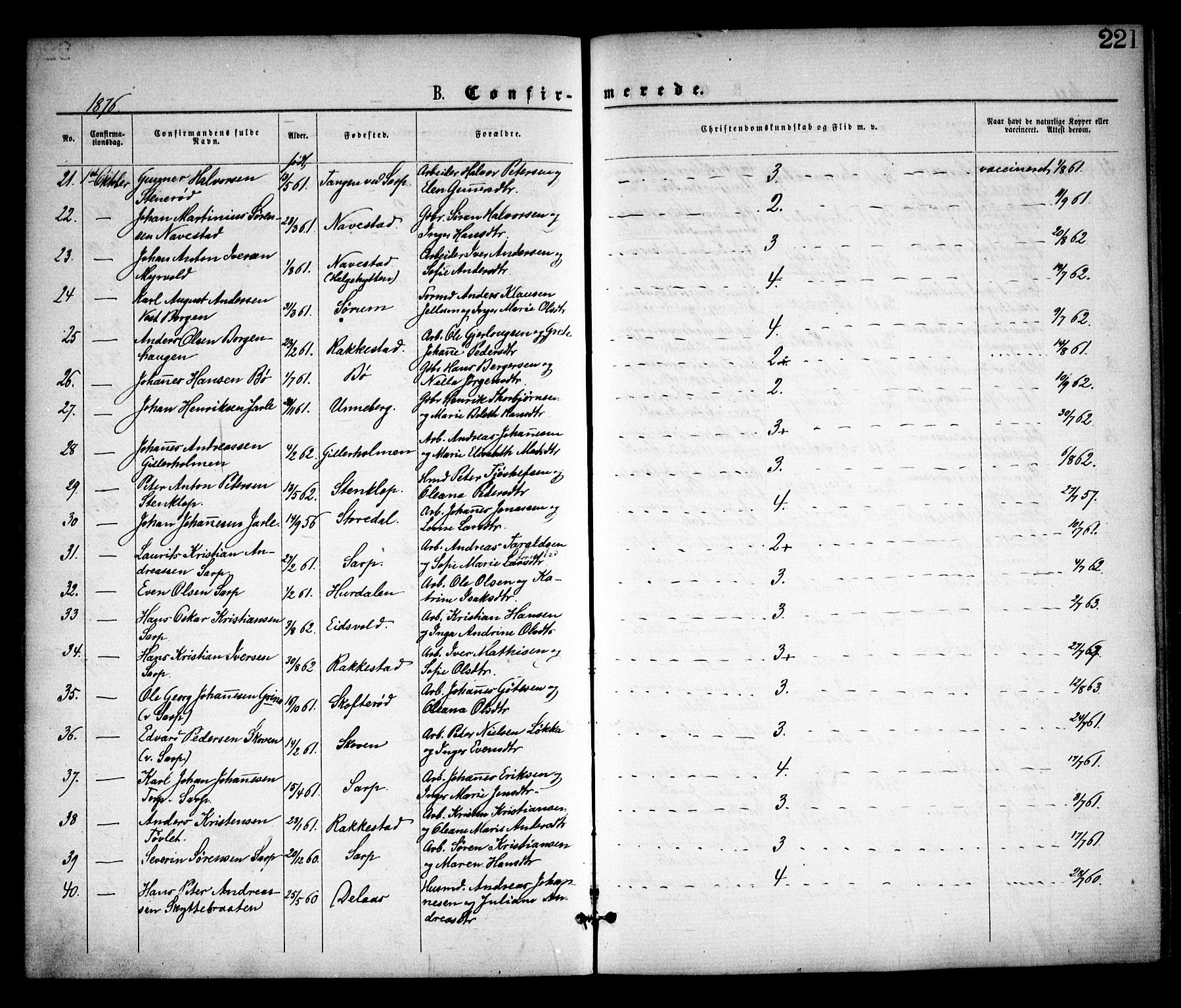 Skjeberg prestekontor Kirkebøker, AV/SAO-A-10923/F/Fa/L0008: Ministerialbok nr. I 8, 1869-1885, s. 221
