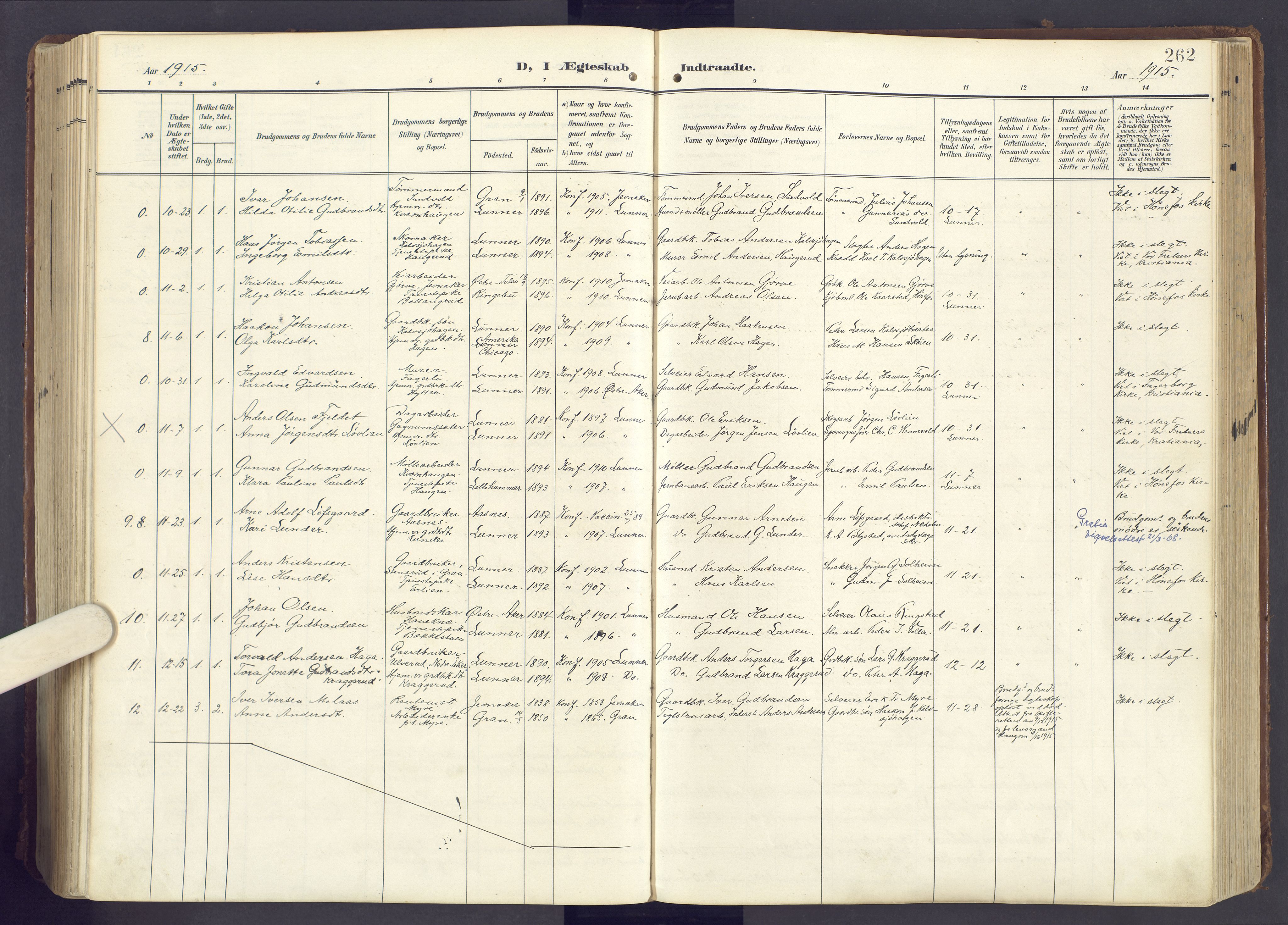 Lunner prestekontor, SAH/PREST-118/H/Ha/Haa/L0001: Ministerialbok nr. 1, 1907-1922, s. 262