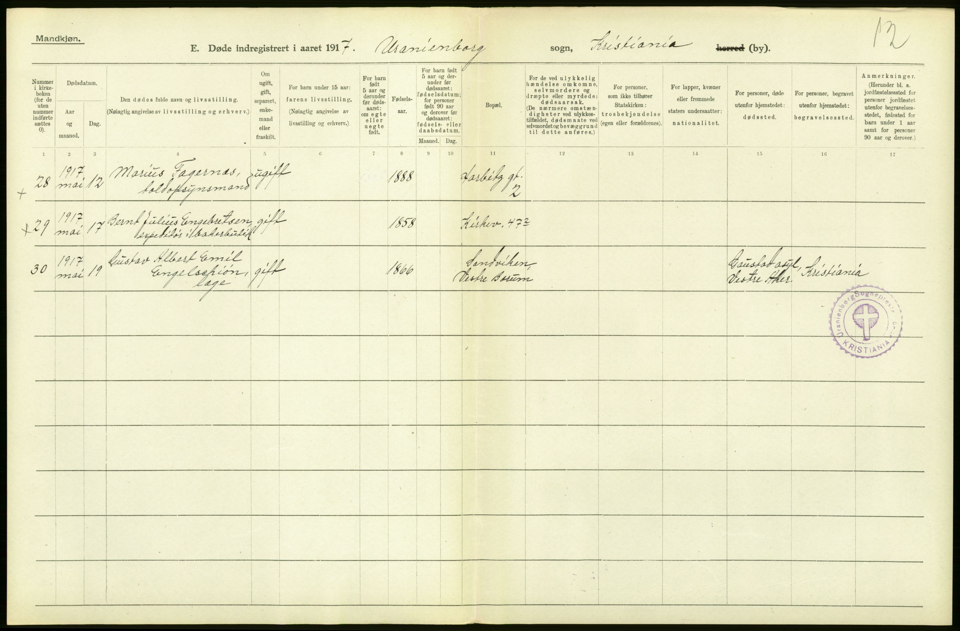 Statistisk sentralbyrå, Sosiodemografiske emner, Befolkning, AV/RA-S-2228/D/Df/Dfb/Dfbg/L0010: Kristiania: Døde, 1917, s. 444