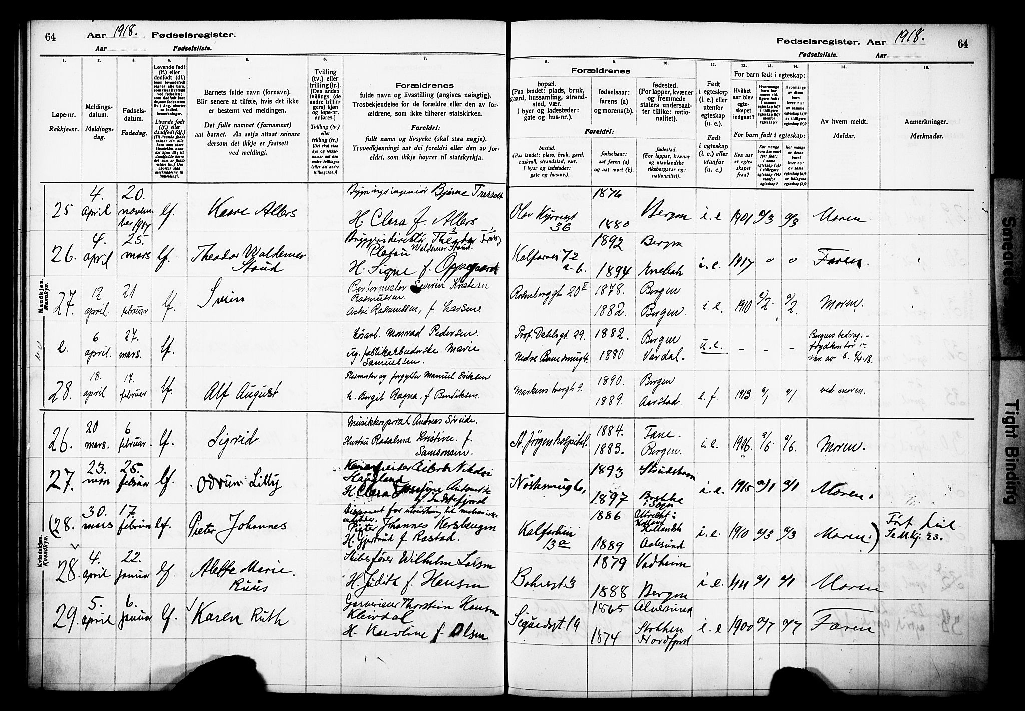 Domkirken sokneprestembete, AV/SAB-A-74801/I/Id/L00A1: Fødselsregister nr. A 1, 1916-1923, s. 64