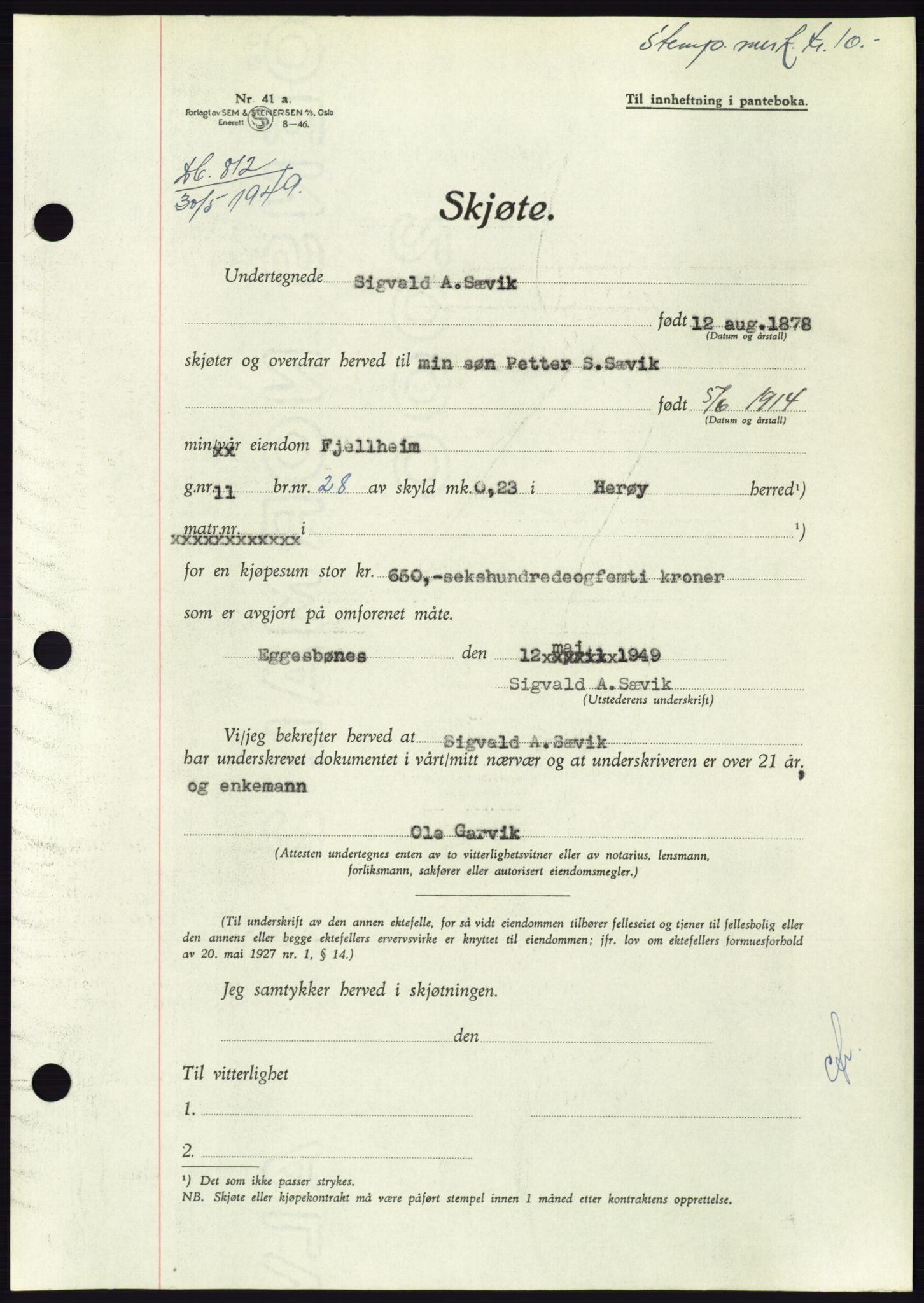 Søre Sunnmøre sorenskriveri, AV/SAT-A-4122/1/2/2C/L0084: Pantebok nr. 10A, 1949-1949, Dagboknr: 812/1949