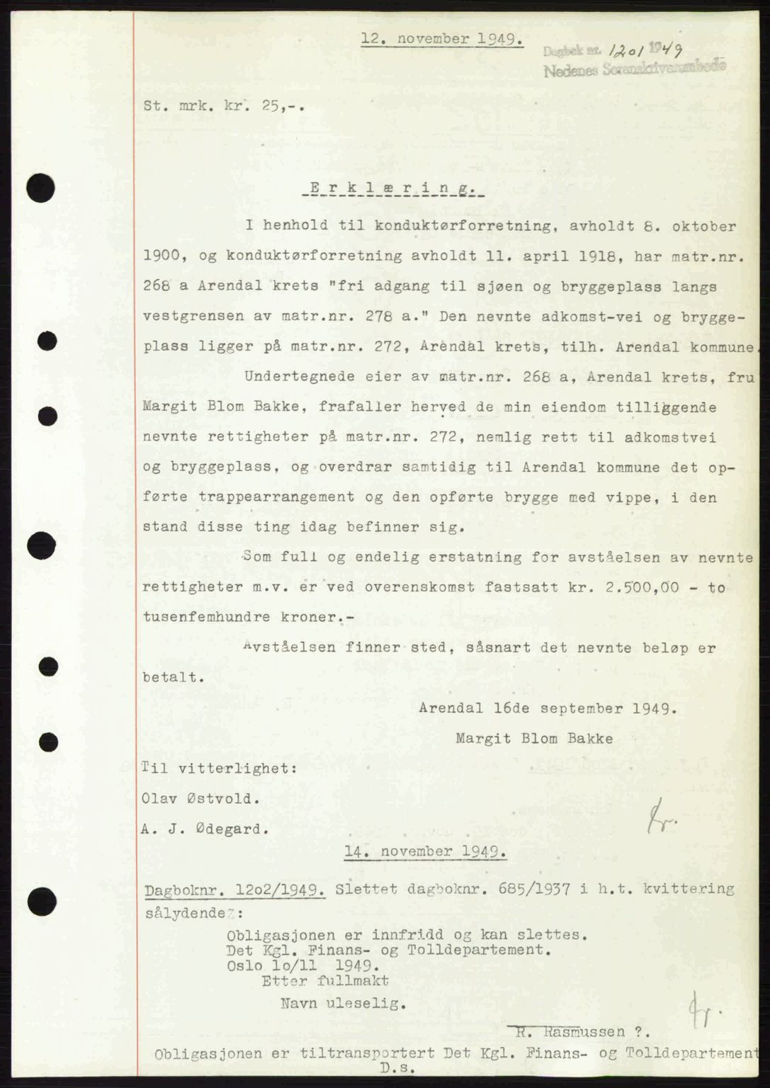 Arendal byfogd, AV/SAK-1222-0001/G/Gb/Gba/L0038: Pantebok nr. A39, 1949-1950, Dagboknr: 1201/1949