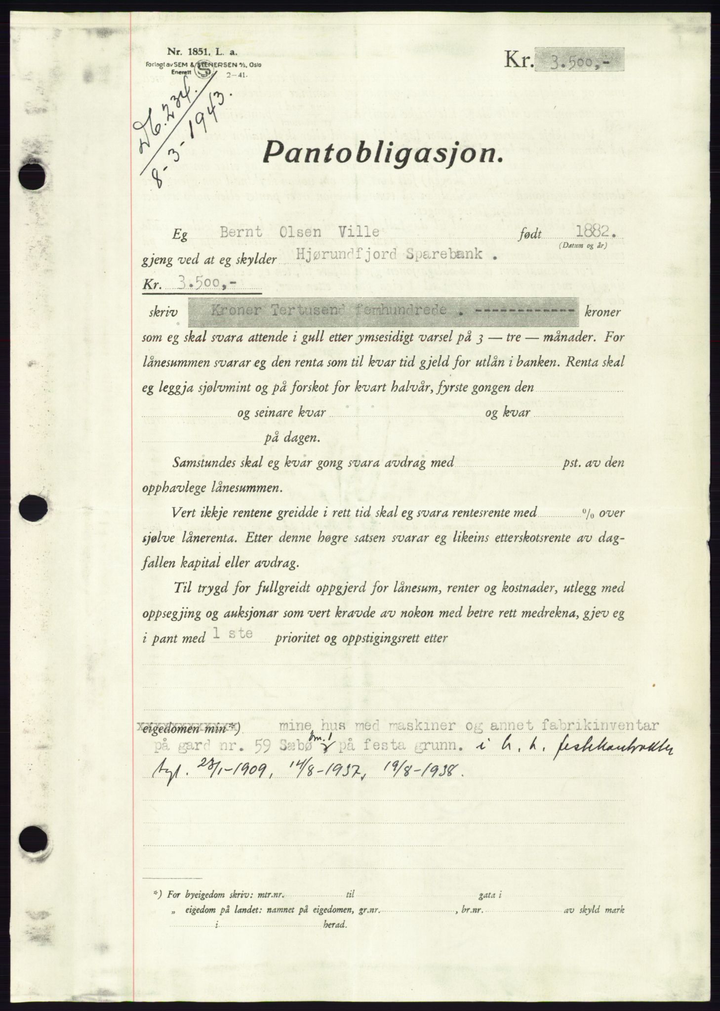 Søre Sunnmøre sorenskriveri, AV/SAT-A-4122/1/2/2C/L0114: Pantebok nr. 1-2B, 1943-1947, Dagboknr: 234/1943