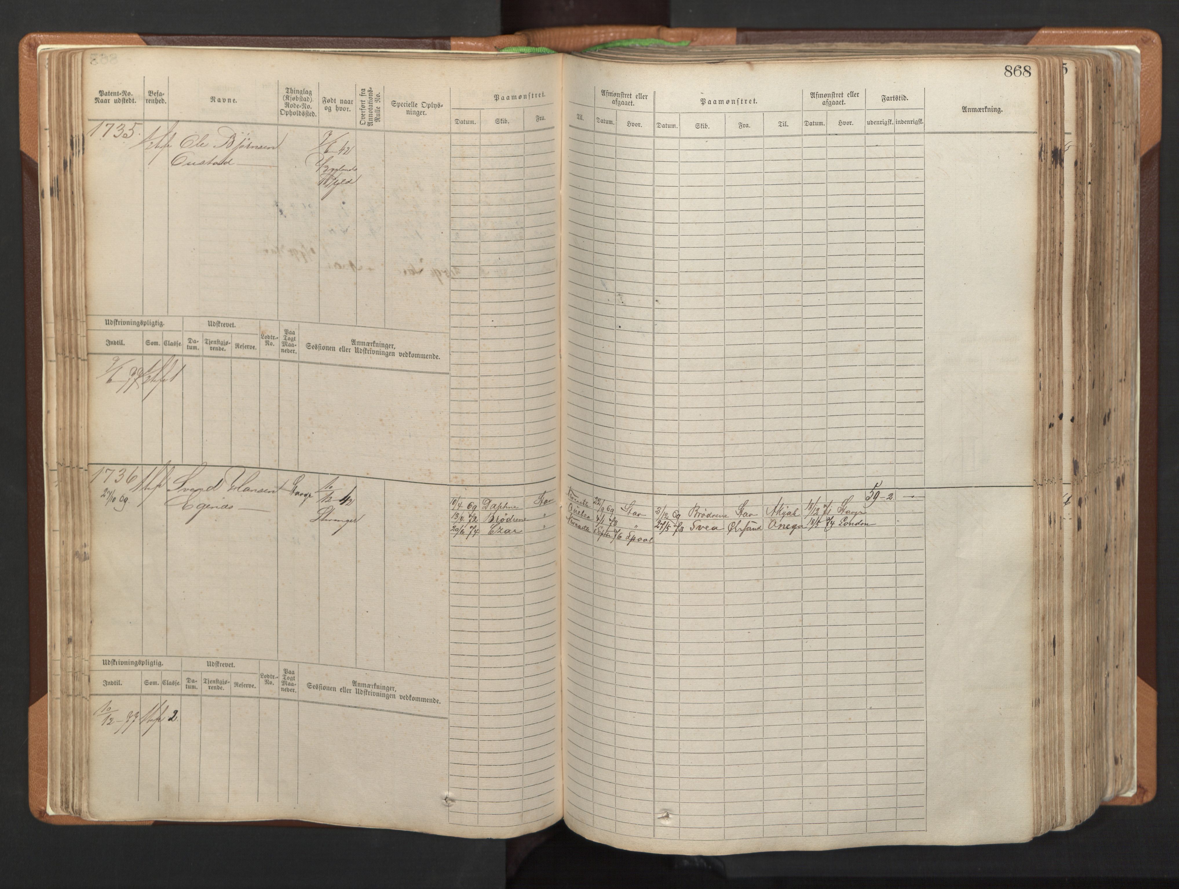 Stavanger sjømannskontor, AV/SAST-A-102006/F/Fb/Fbb/L0006: Sjøfartshovedrulle, patentnr. 1607-2402 (del 3), 1869-1880, s. 67