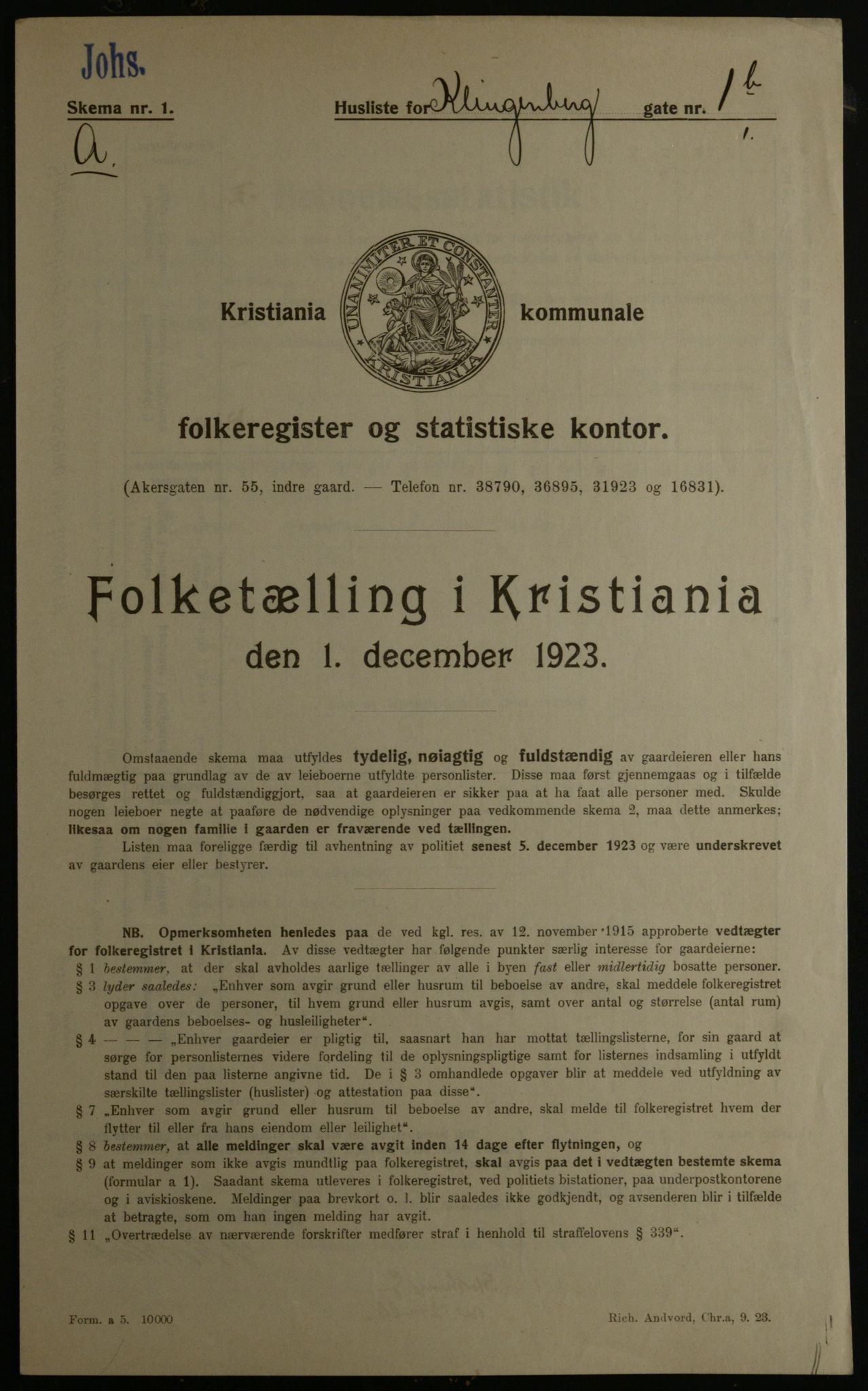 OBA, Kommunal folketelling 1.12.1923 for Kristiania, 1923, s. 58215