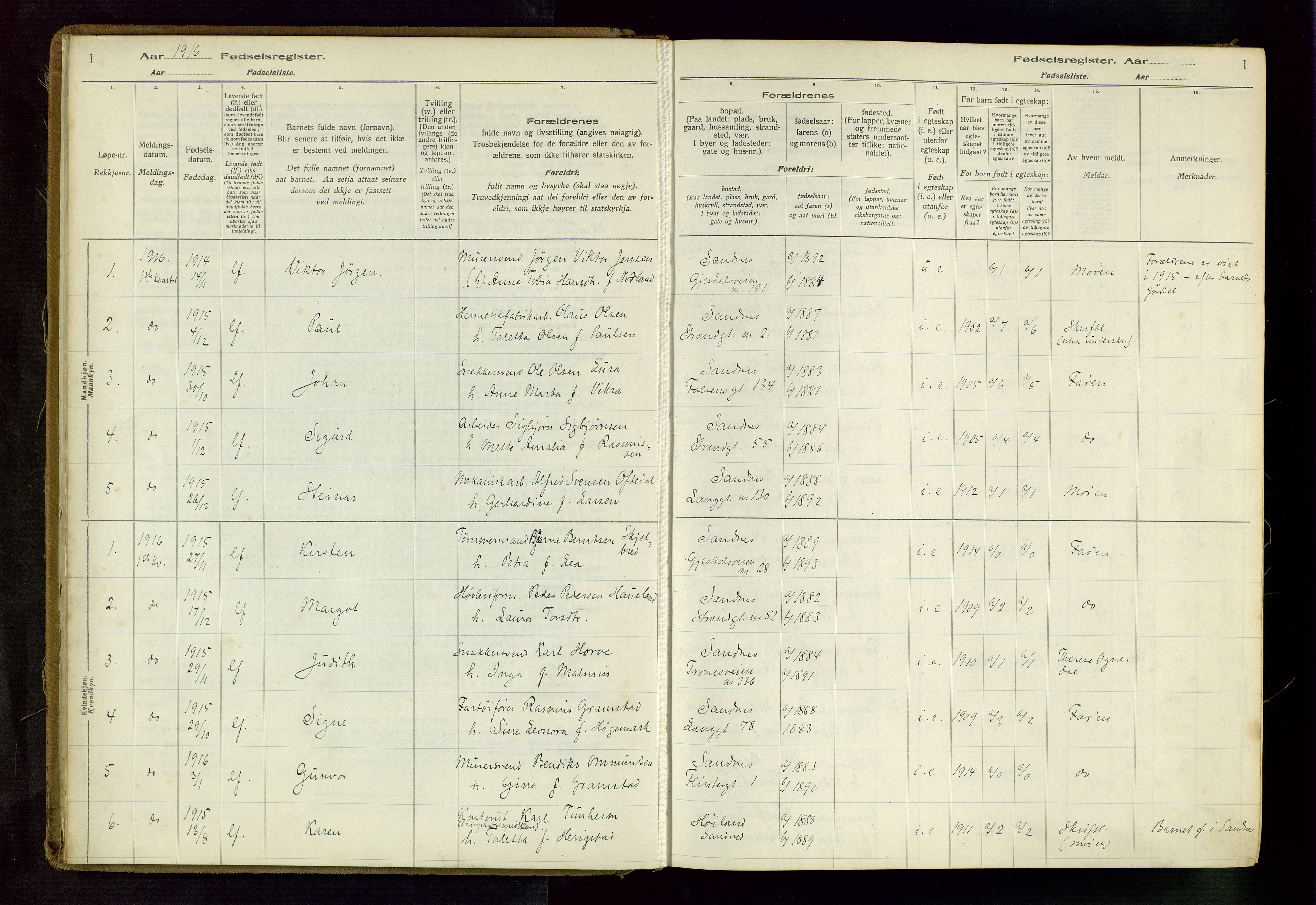 Sandnes sokneprestkontor, SAST/A-101800/704BA/L0001: Fødselsregister nr. 1, 1916-1942, s. 1