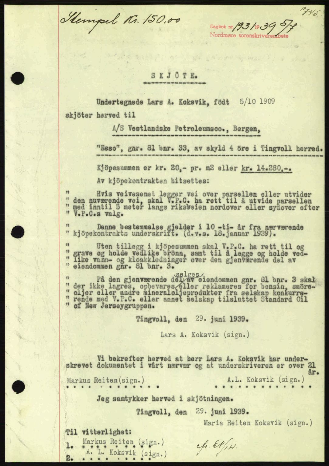 Nordmøre sorenskriveri, SAT/A-4132/1/2/2Ca: Pantebok nr. A86, 1939-1939, Dagboknr: 1931/1939