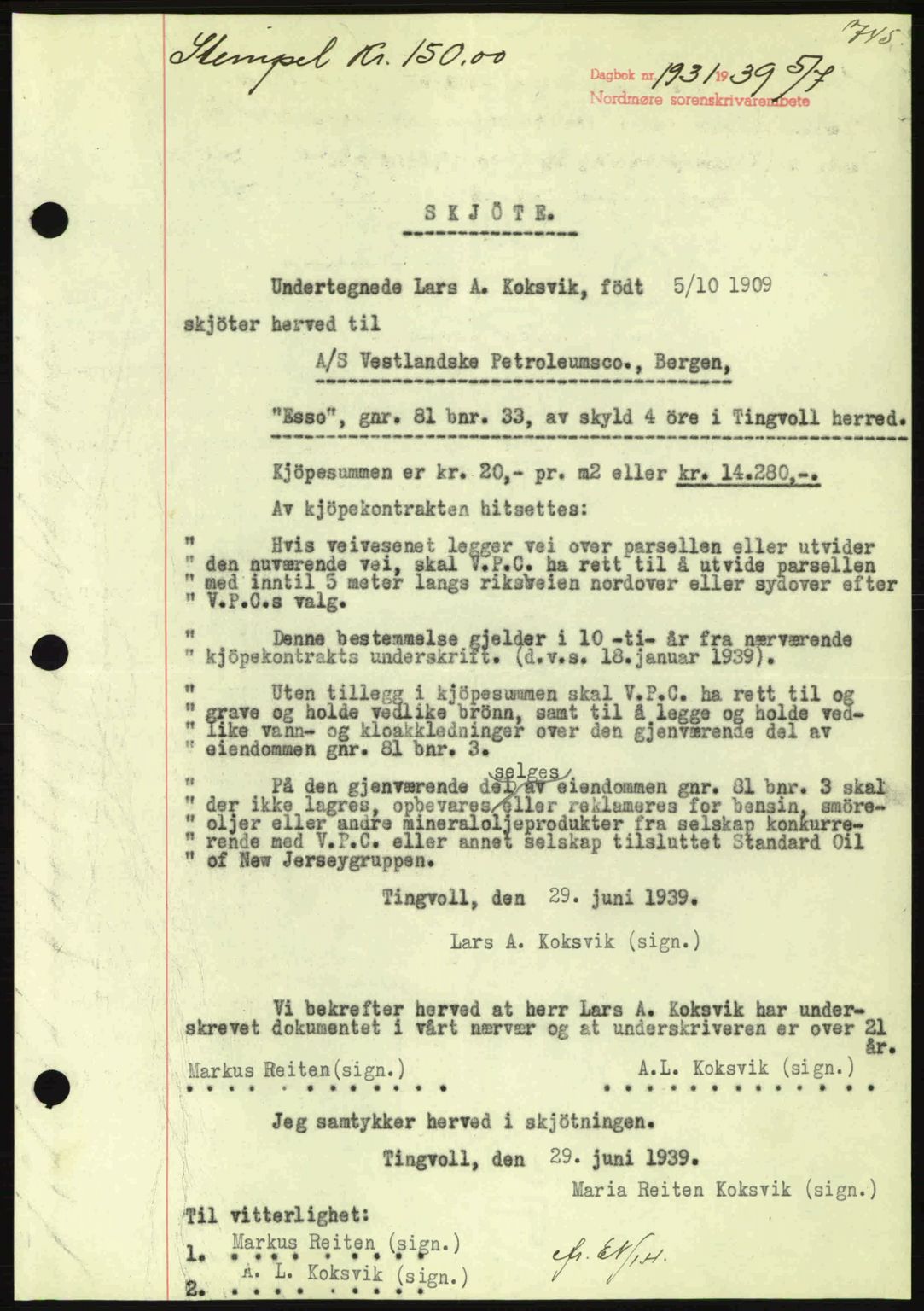 Nordmøre sorenskriveri, AV/SAT-A-4132/1/2/2Ca: Pantebok nr. A86, 1939-1939, Dagboknr: 1931/1939