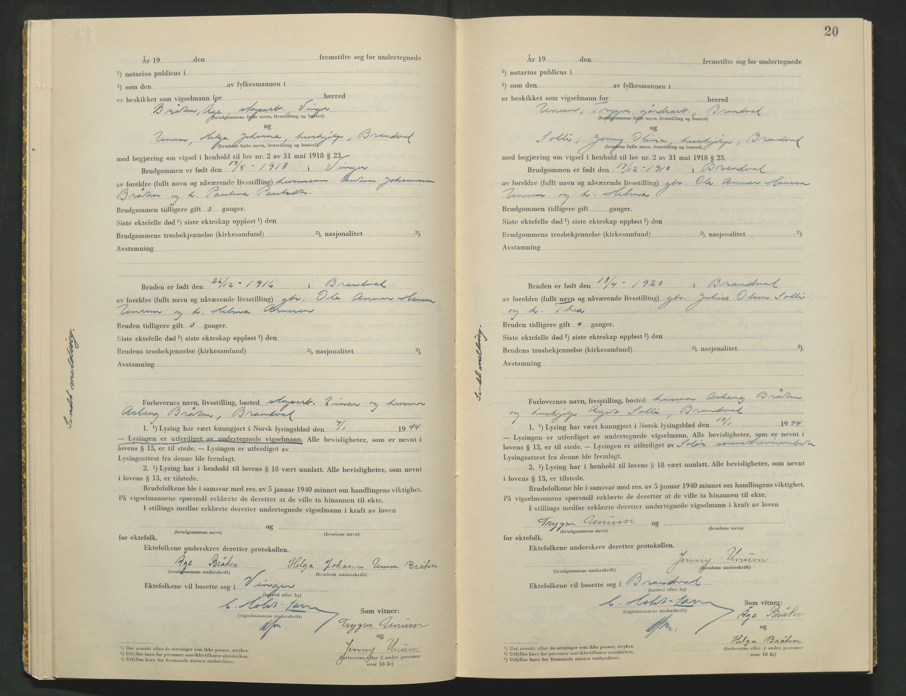 Vinger og Odal sorenskriveri, AV/SAH-TING-022/L/Lb/L0003: Vigselsprotokoll, 1943-1944, s. 20