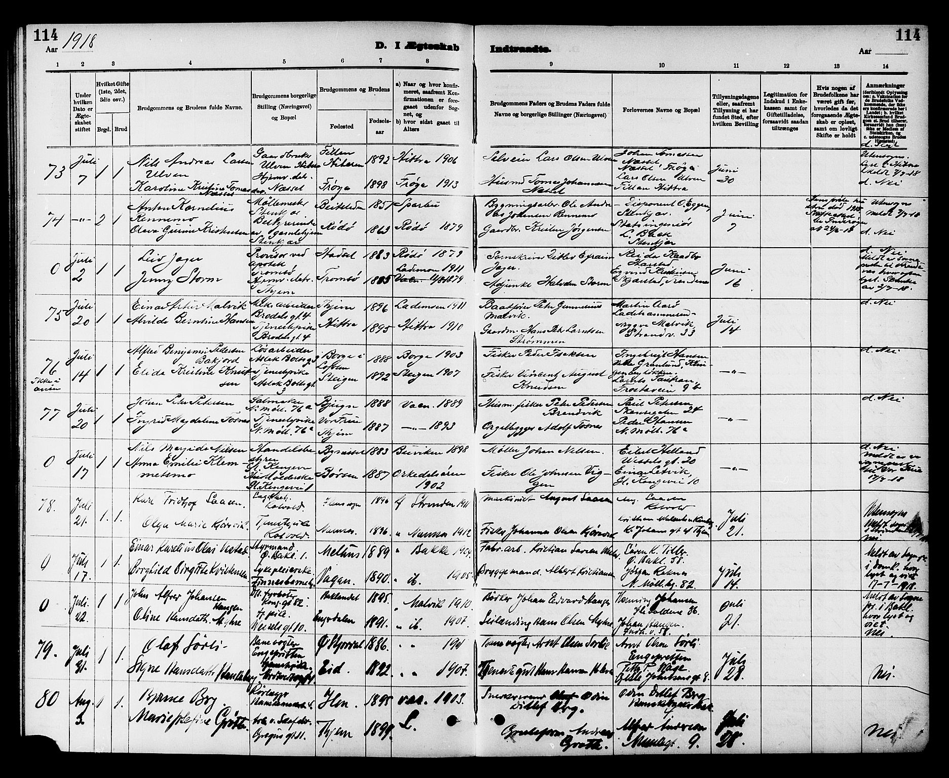 Ministerialprotokoller, klokkerbøker og fødselsregistre - Sør-Trøndelag, SAT/A-1456/605/L0255: Klokkerbok nr. 605C02, 1908-1918, s. 114