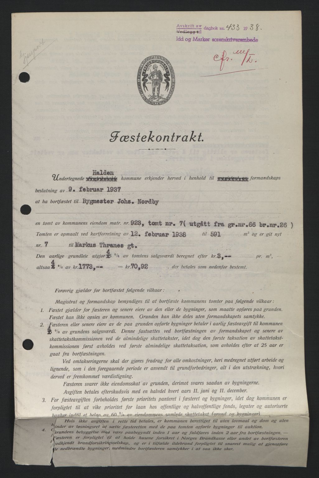 Idd og Marker sorenskriveri, AV/SAO-A-10283/G/Gb/Gbb/L0002: Pantebok nr. A2, 1937-1938, Dagboknr: 433/1938