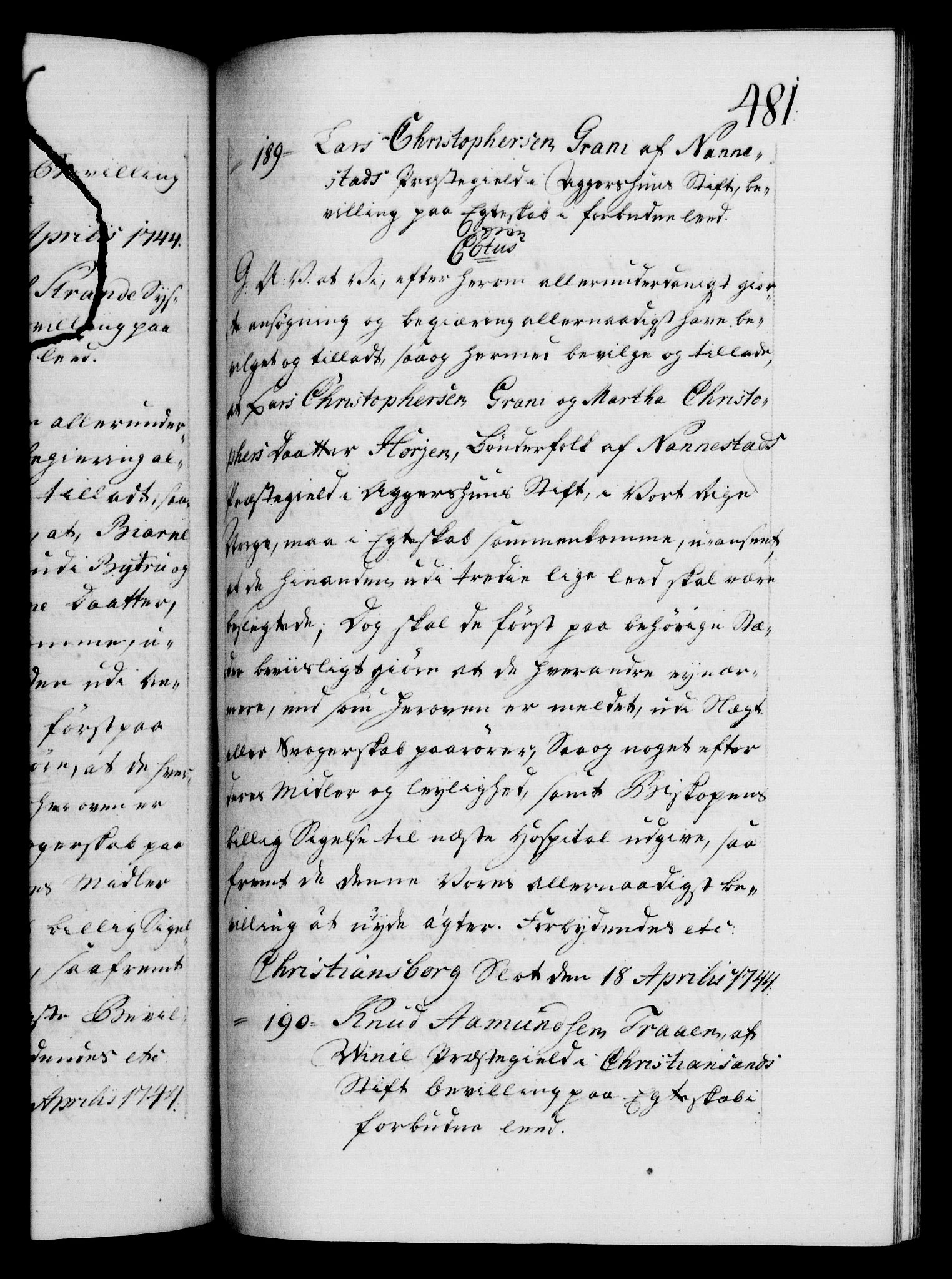 Danske Kanselli 1572-1799, AV/RA-EA-3023/F/Fc/Fca/Fcaa/L0033: Norske registre, 1743-1744, s. 481a