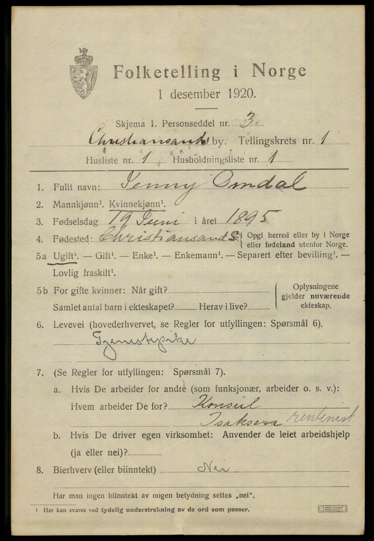 SAK, Folketelling 1920 for 1001 Kristiansand kjøpstad, 1920, s. 11121