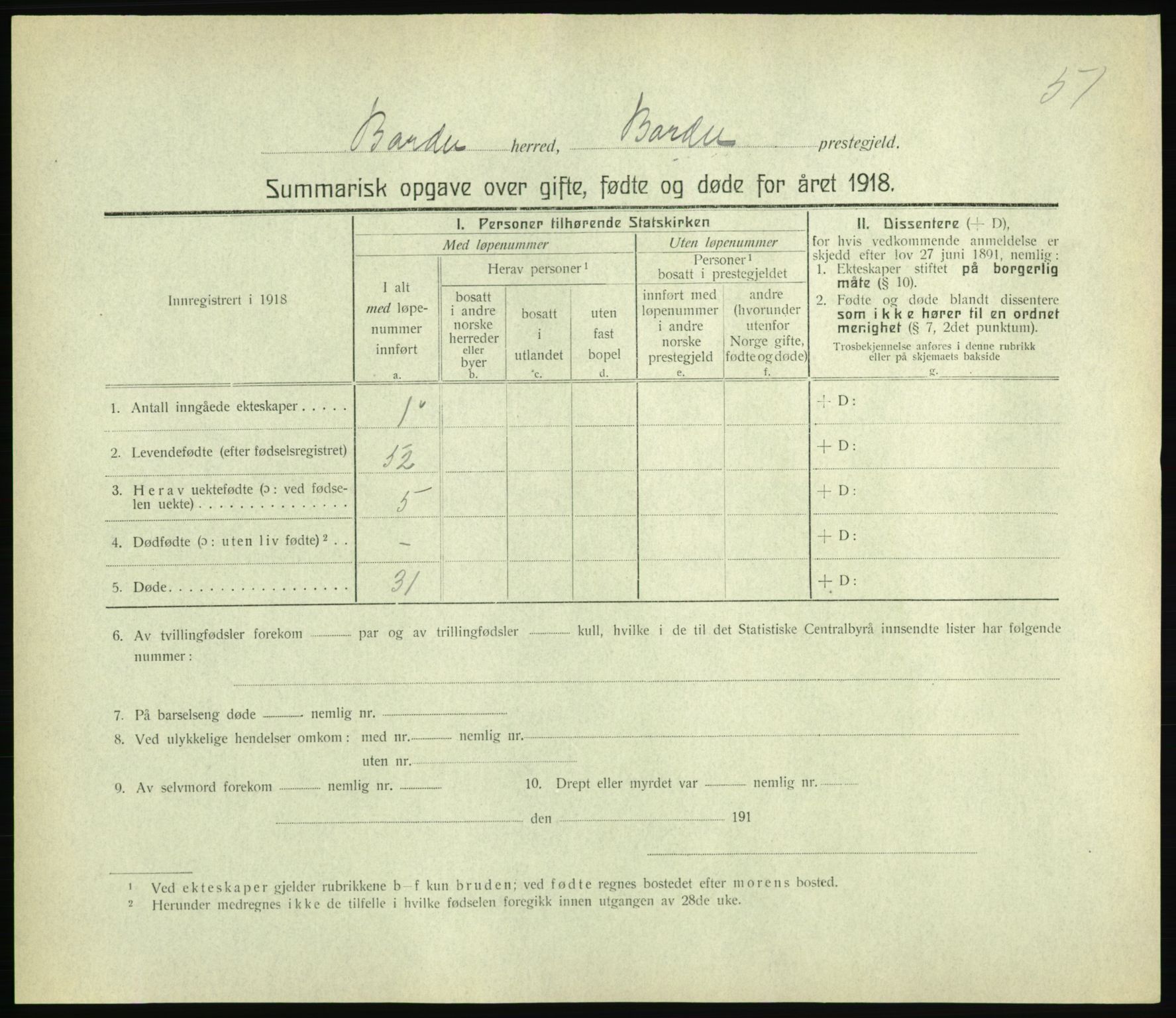 Statistisk sentralbyrå, Sosiodemografiske emner, Befolkning, AV/RA-S-2228/D/Df/Dfb/Dfbh/L0059: Summariske oppgaver over gifte, fødte og døde for hele landet., 1918, s. 1629