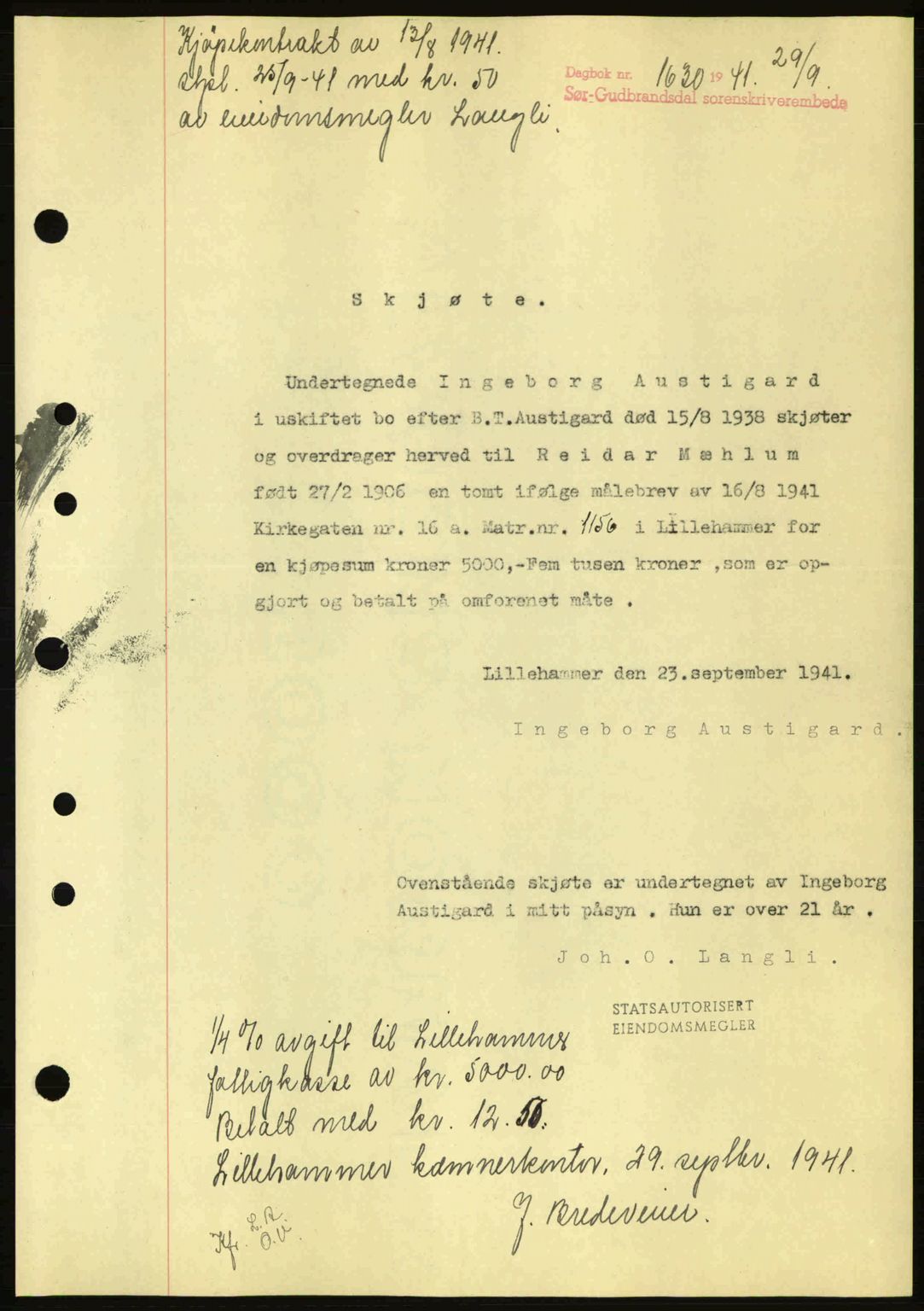 Sør-Gudbrandsdal tingrett, SAH/TING-004/H/Hb/Hbd/L0009: Pantebok nr. A9, 1941-1941, Dagboknr: 1630/1941