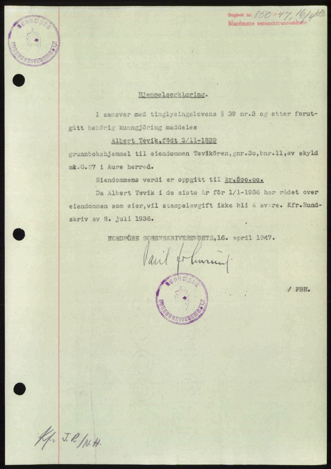 Nordmøre sorenskriveri, SAT/A-4132/1/2/2Ca: Pantebok nr. A104, 1947-1947, Dagboknr: 850/1947