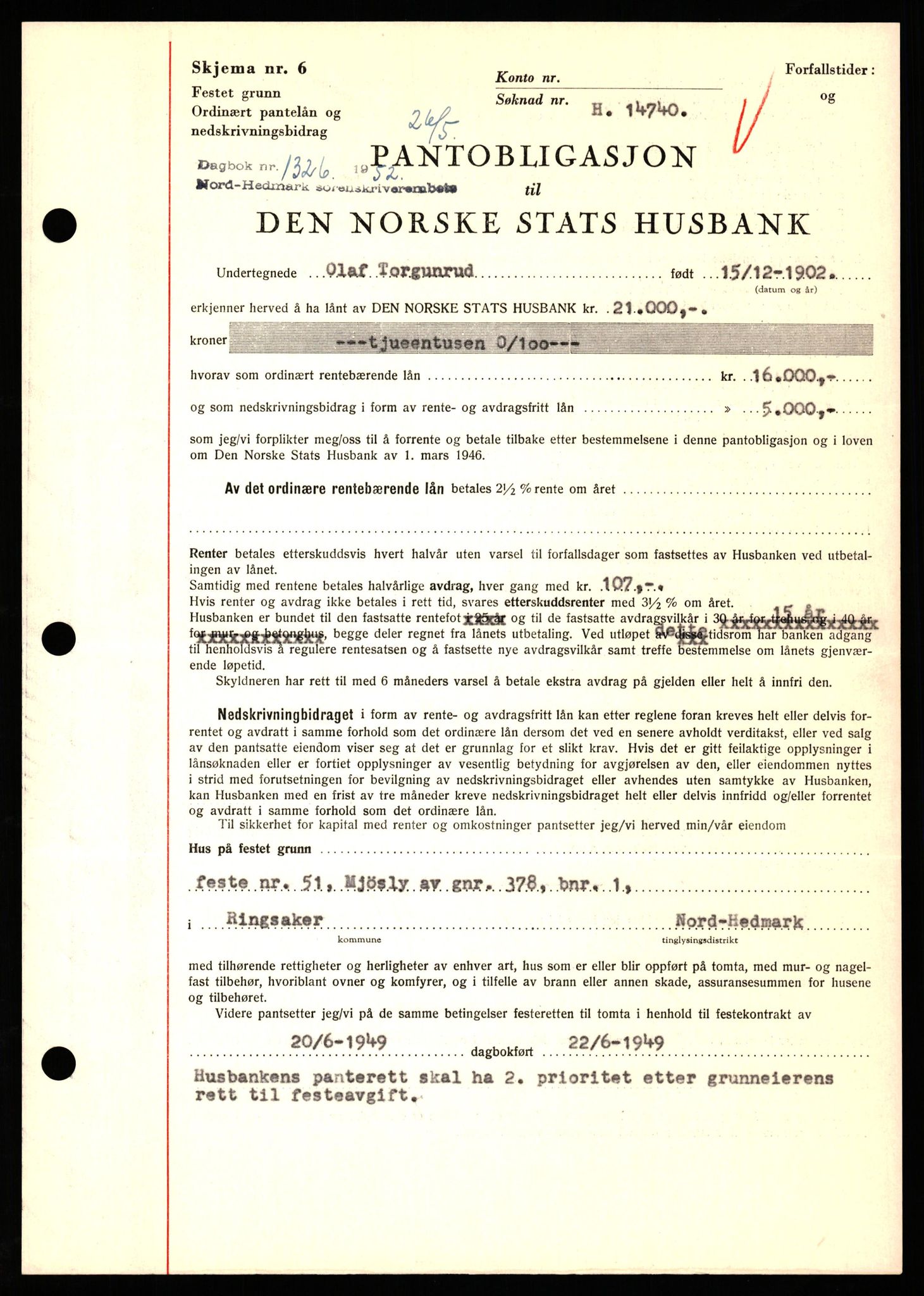 Nord-Hedmark sorenskriveri, SAH/TING-012/H/Hb/Hbf/L0025: Pantebok nr. B25, 1952-1952, Dagboknr: 1326/1952