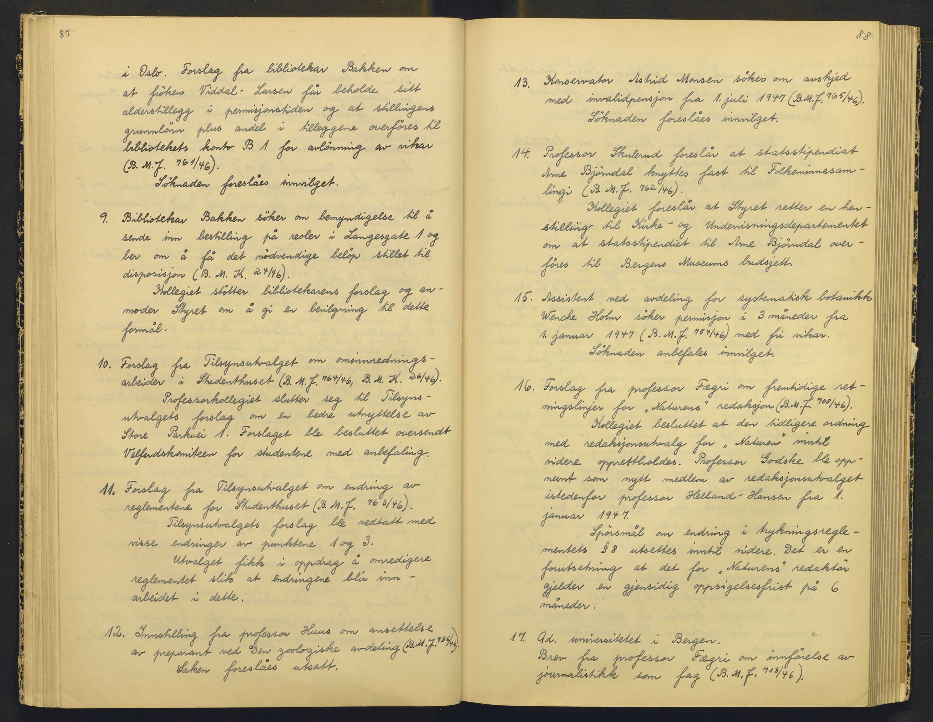 Bergens Museum, AV/SAB-A-17301/18/A/L0004: Professorkollegiets møtebok med register , 1945-1949, s. 87-88