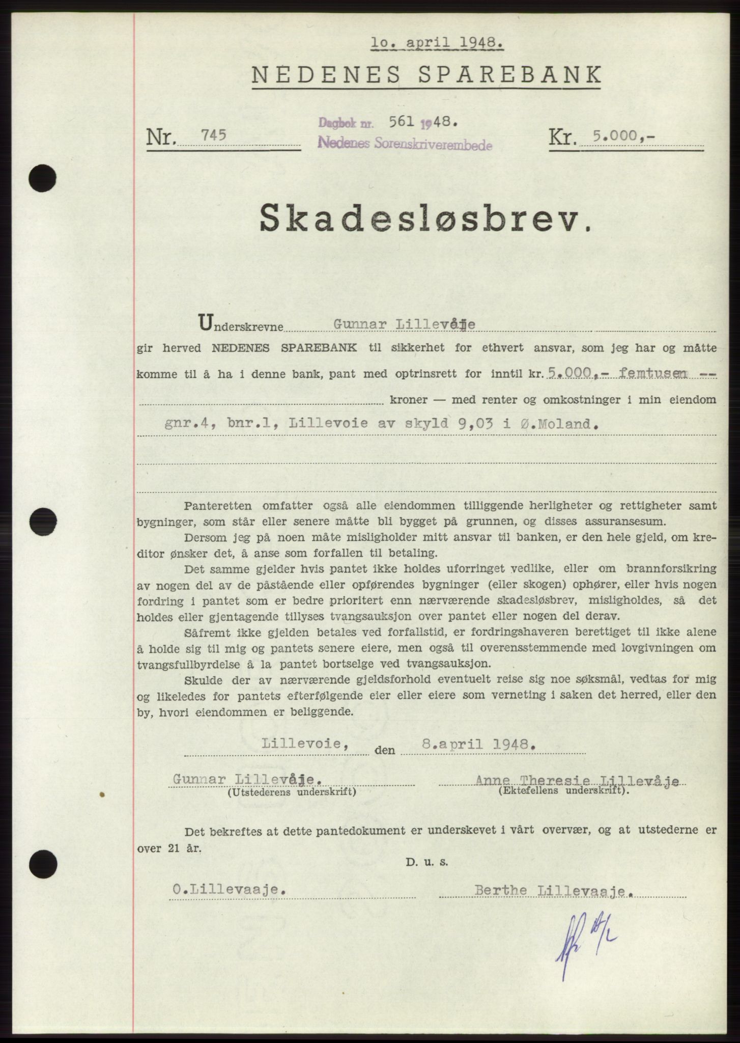 Nedenes sorenskriveri, AV/SAK-1221-0006/G/Gb/Gbb/L0005: Pantebok nr. B5, 1948-1948, Dagboknr: 561/1948