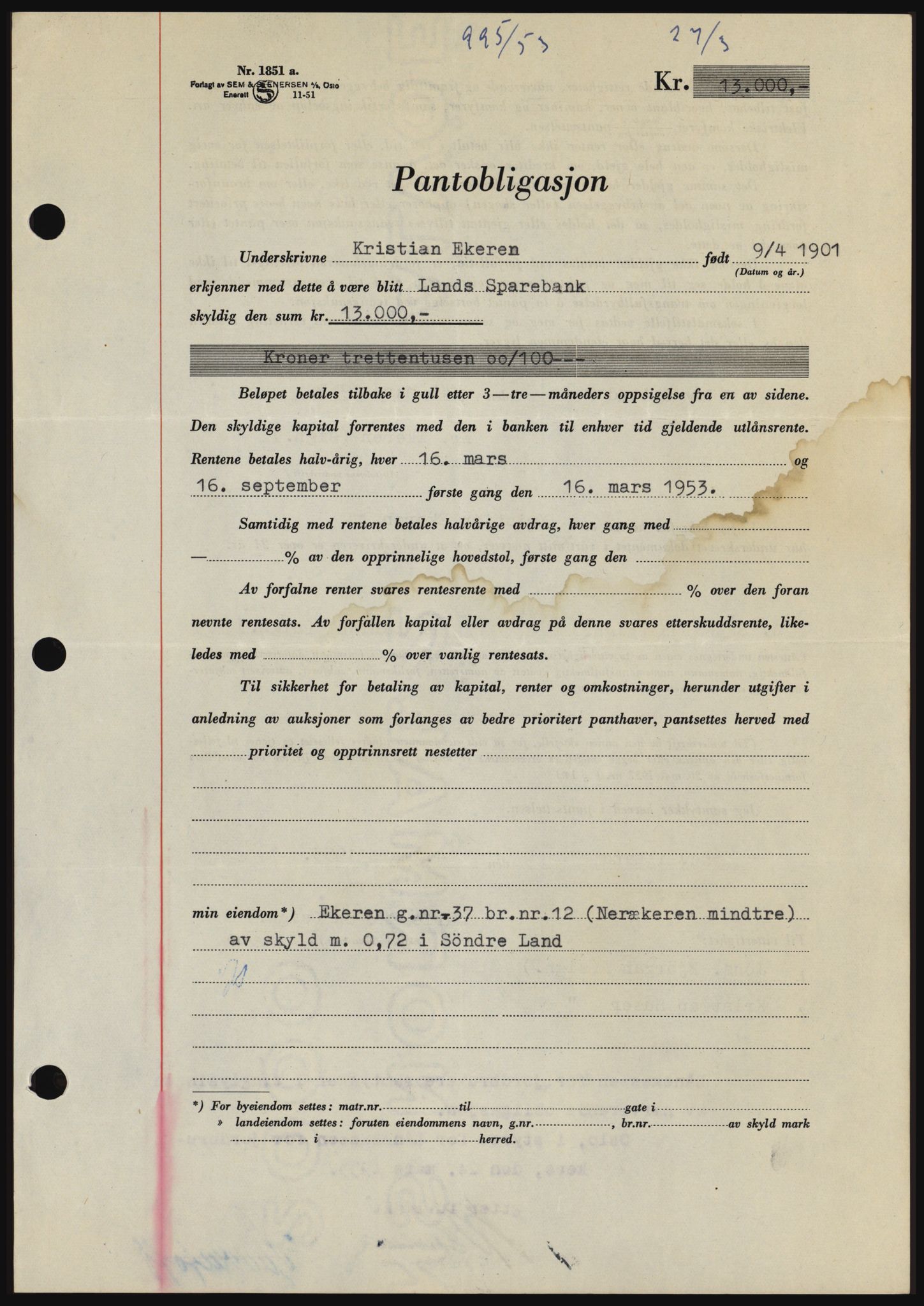 Hadeland og Land tingrett, SAH/TING-010/H/Hb/Hbc/L0026: Pantebok nr. B26, 1953-1953, Dagboknr: 995/1953