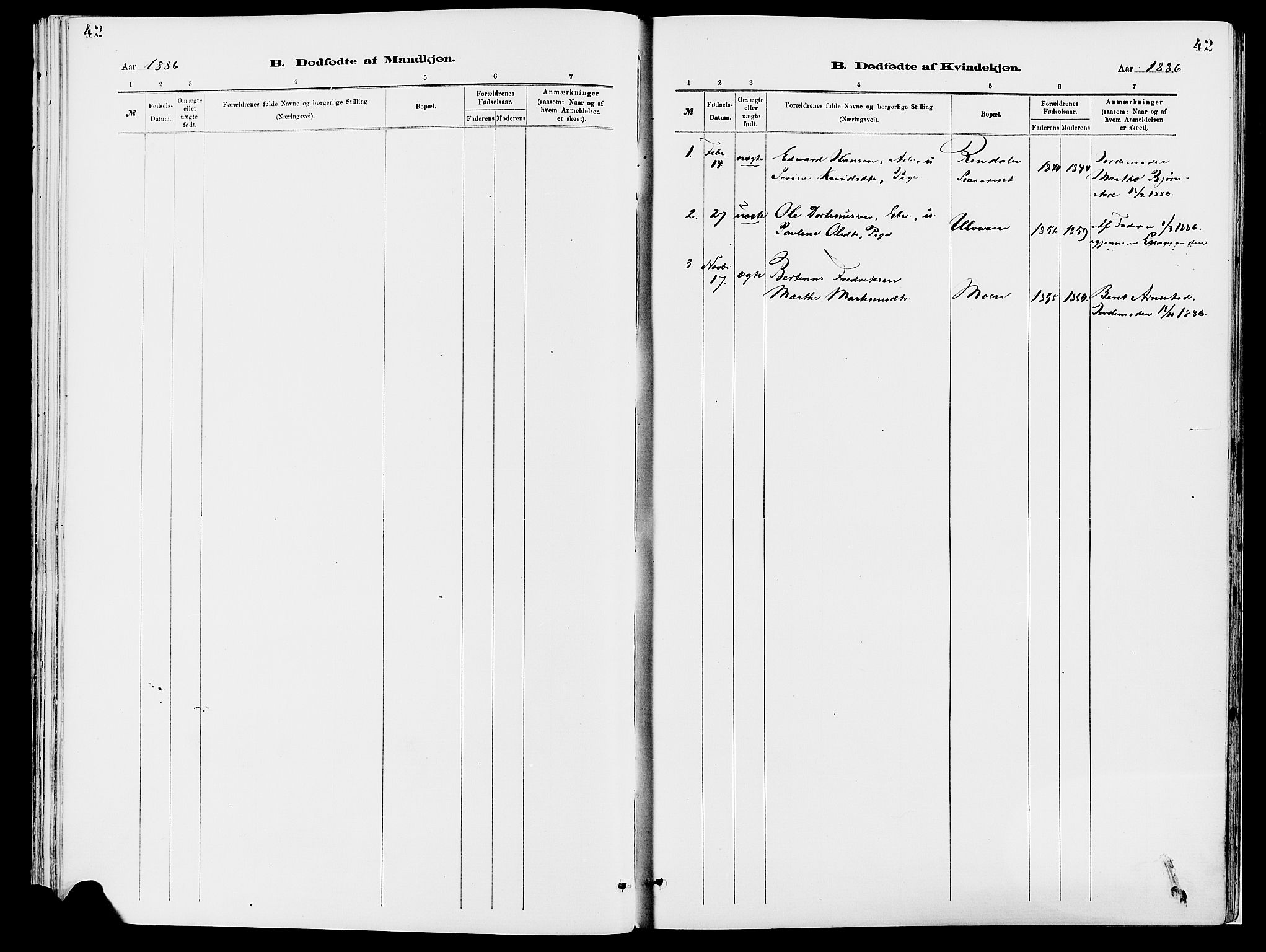 Åmot prestekontor, Hedmark, SAH/PREST-056/H/Ha/Haa/L0010: Ministerialbok nr. 10, 1884-1889, s. 42