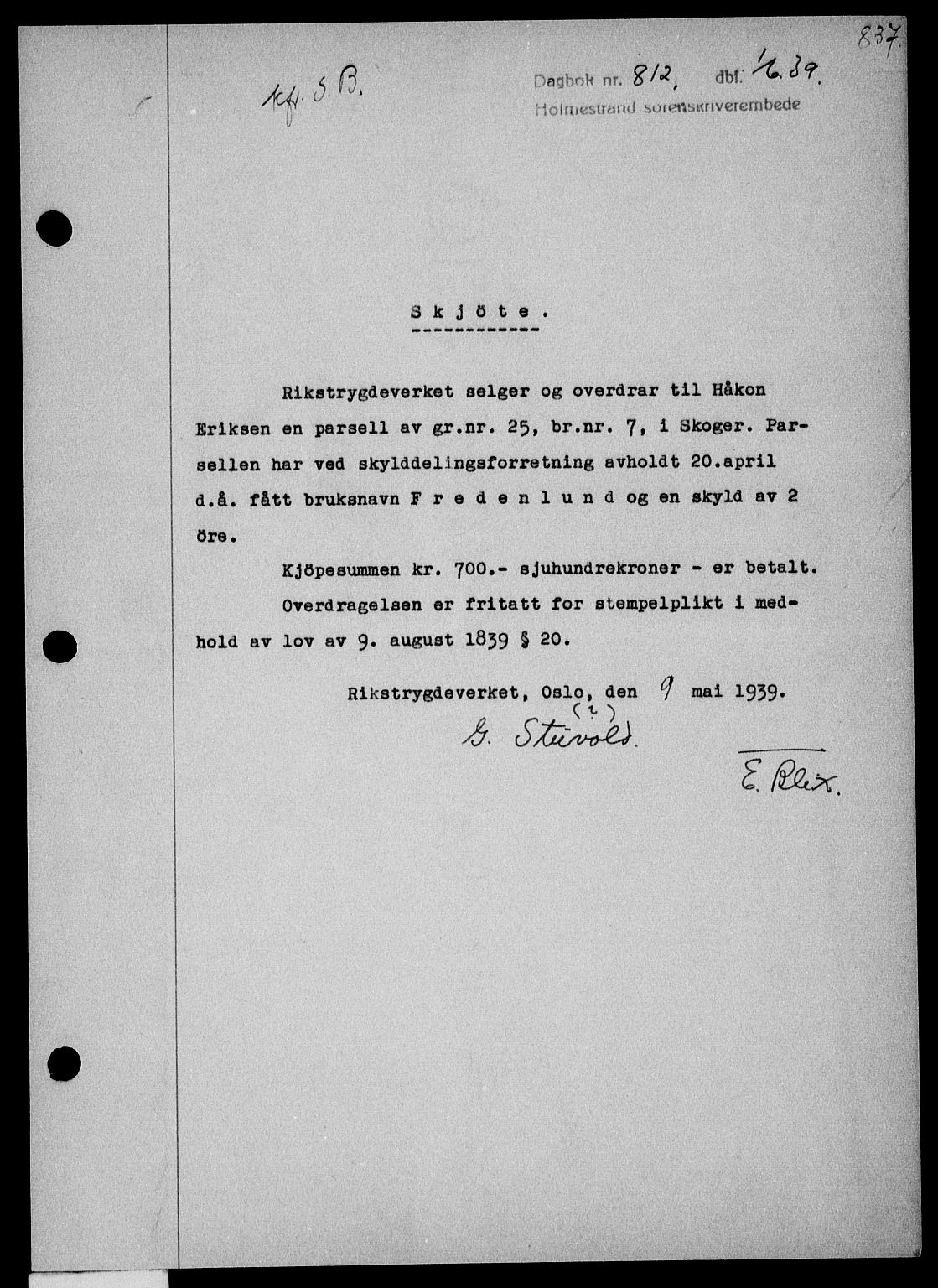 Holmestrand sorenskriveri, SAKO/A-67/G/Ga/Gaa/L0050: Pantebok nr. A-50, 1938-1939, Dagboknr: 812/1939