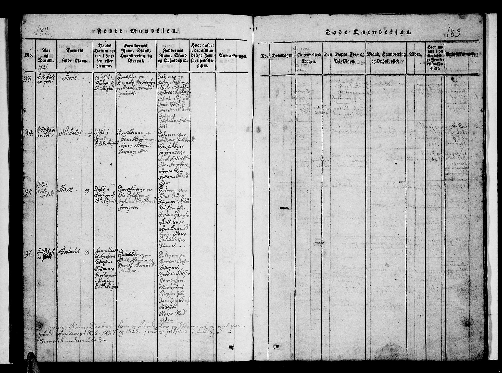 Ibestad sokneprestembete, SATØ/S-0077/H/Ha/Hab/L0002klokker: Klokkerbok nr. 2, 1821-1833, s. 182-183