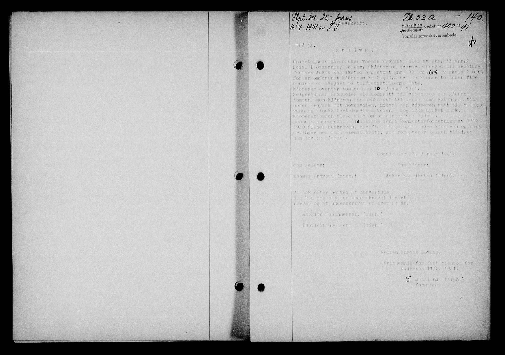 Torridal sorenskriveri, SAK/1221-0012/G/Gb/Gba/L0054: Pantebok nr. 53a, 1940-1941, Dagboknr: 400/1941