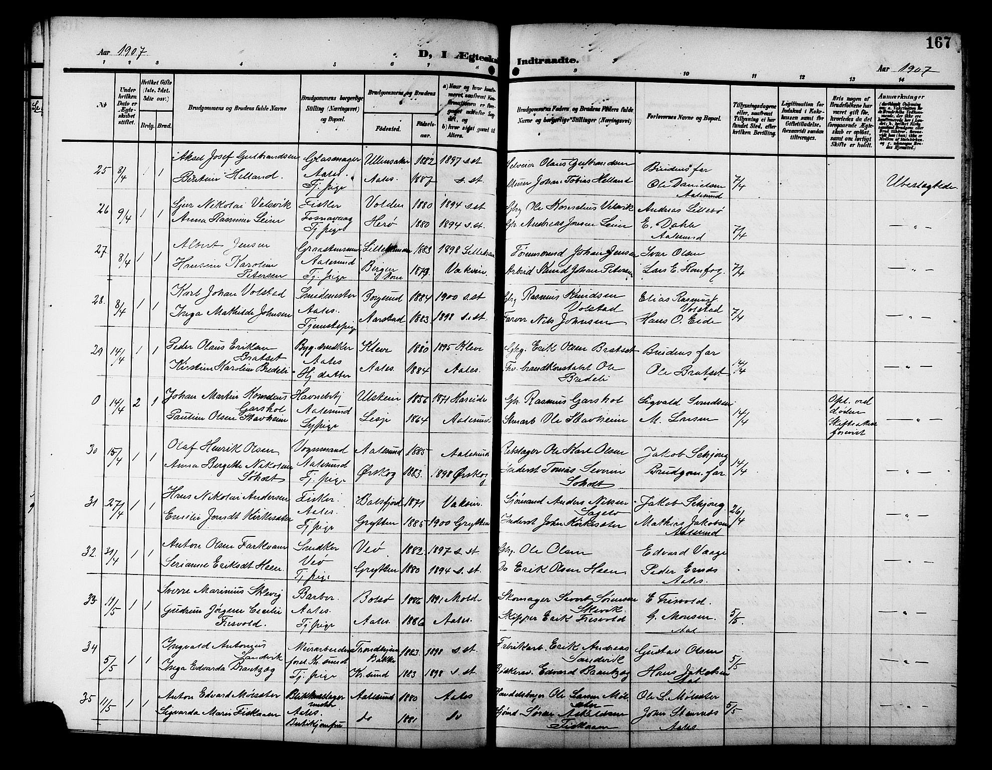 Ministerialprotokoller, klokkerbøker og fødselsregistre - Møre og Romsdal, AV/SAT-A-1454/529/L0470: Klokkerbok nr. 529C07, 1907-1917, s. 167