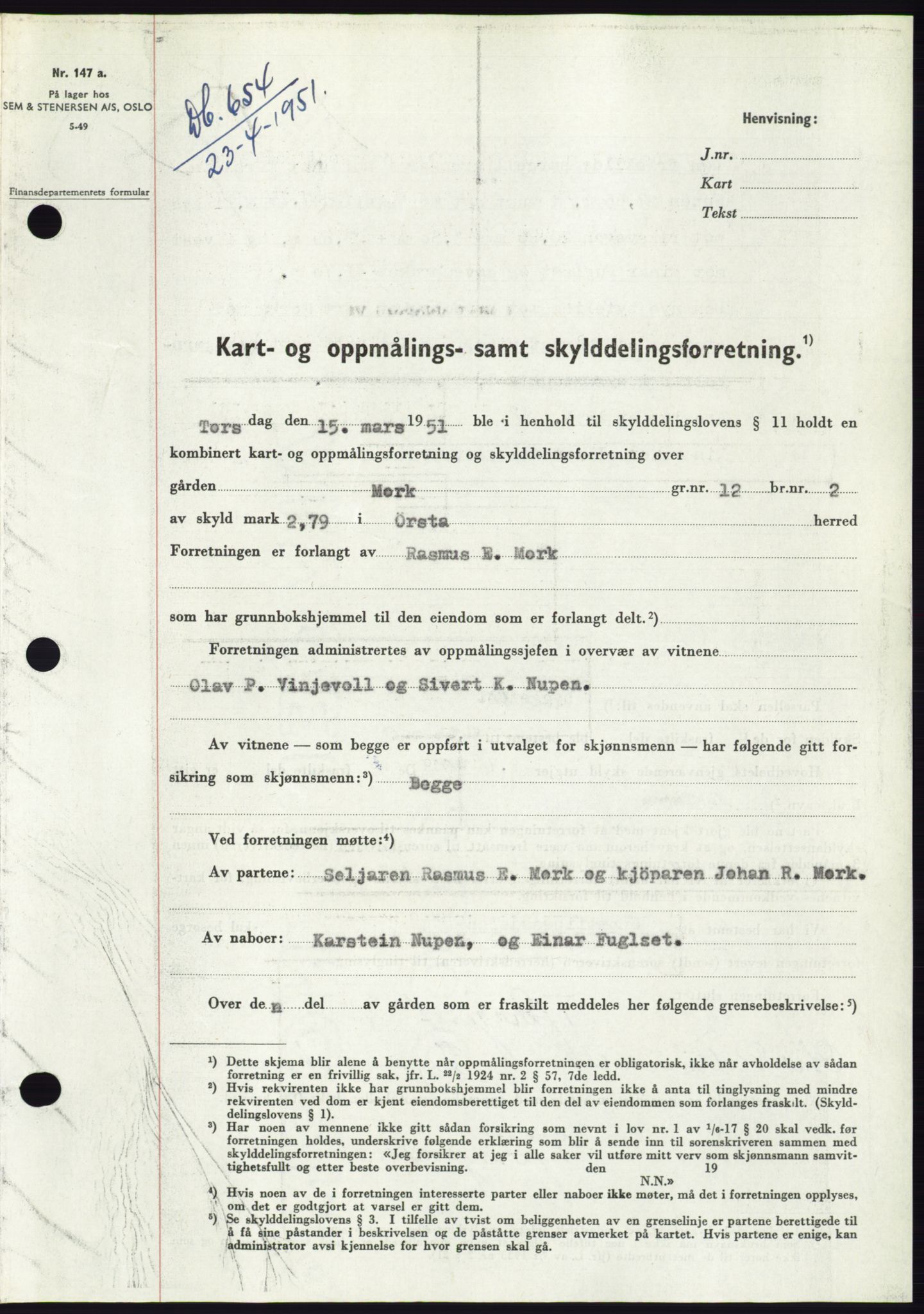 Søre Sunnmøre sorenskriveri, SAT/A-4122/1/2/2C/L0089: Pantebok nr. 15A, 1951-1951, Dagboknr: 654/1951