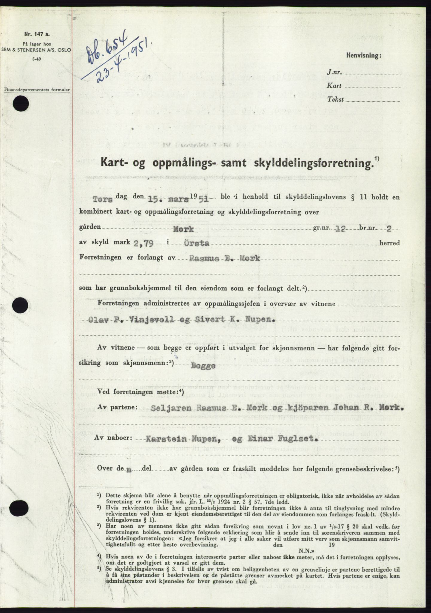 Søre Sunnmøre sorenskriveri, AV/SAT-A-4122/1/2/2C/L0089: Pantebok nr. 15A, 1951-1951, Dagboknr: 654/1951