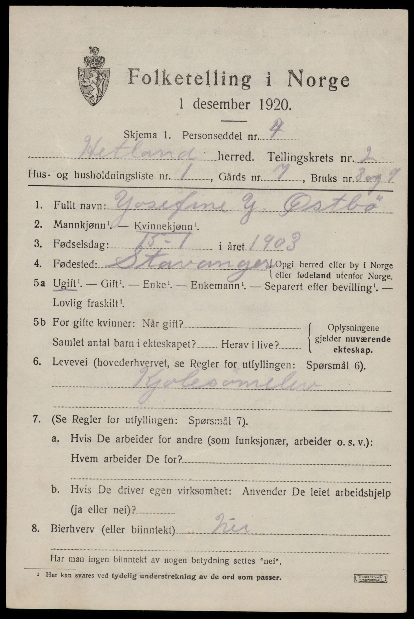 SAST, Folketelling 1920 for 1126 Hetland herred, 1920, s. 4011