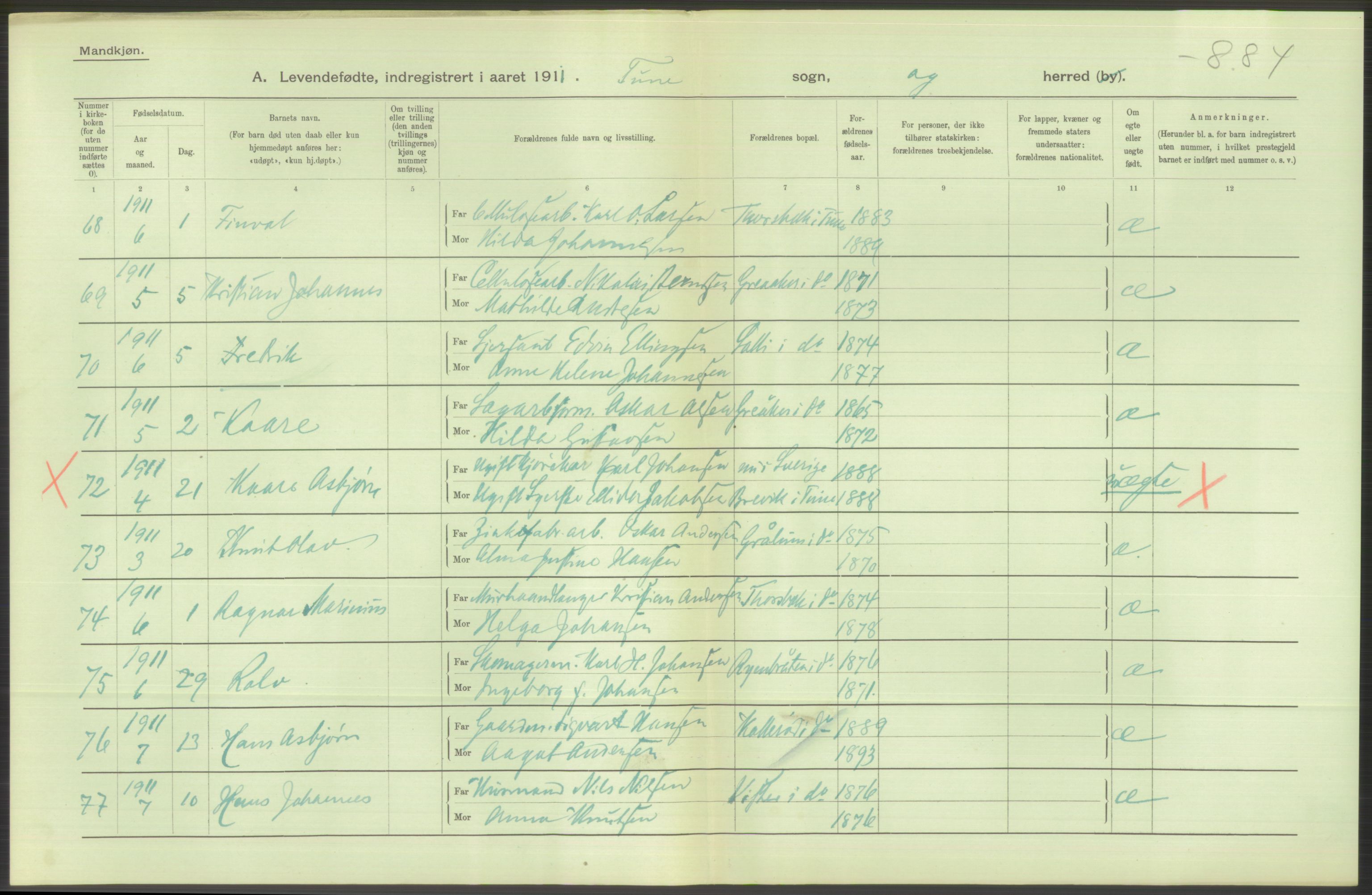 Statistisk sentralbyrå, Sosiodemografiske emner, Befolkning, AV/RA-S-2228/D/Df/Dfb/Dfba/L0001: Smålenenes amt: Levendefødte menn og kvinner. Bygder., 1911, s. 126