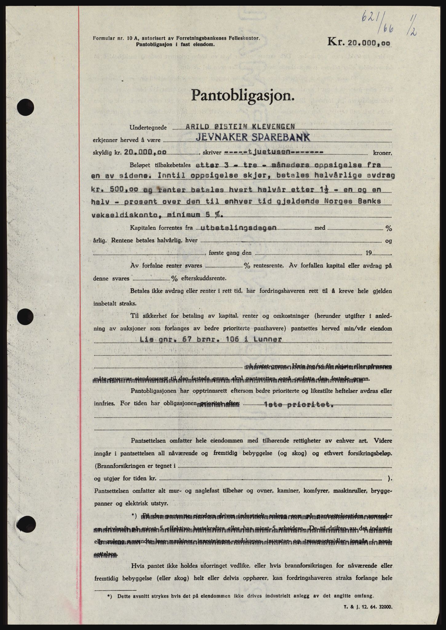 Hadeland og Land tingrett, SAH/TING-010/H/Hb/Hbc/L0061: Pantebok nr. B61, 1965-1966, Dagboknr: 621/1966