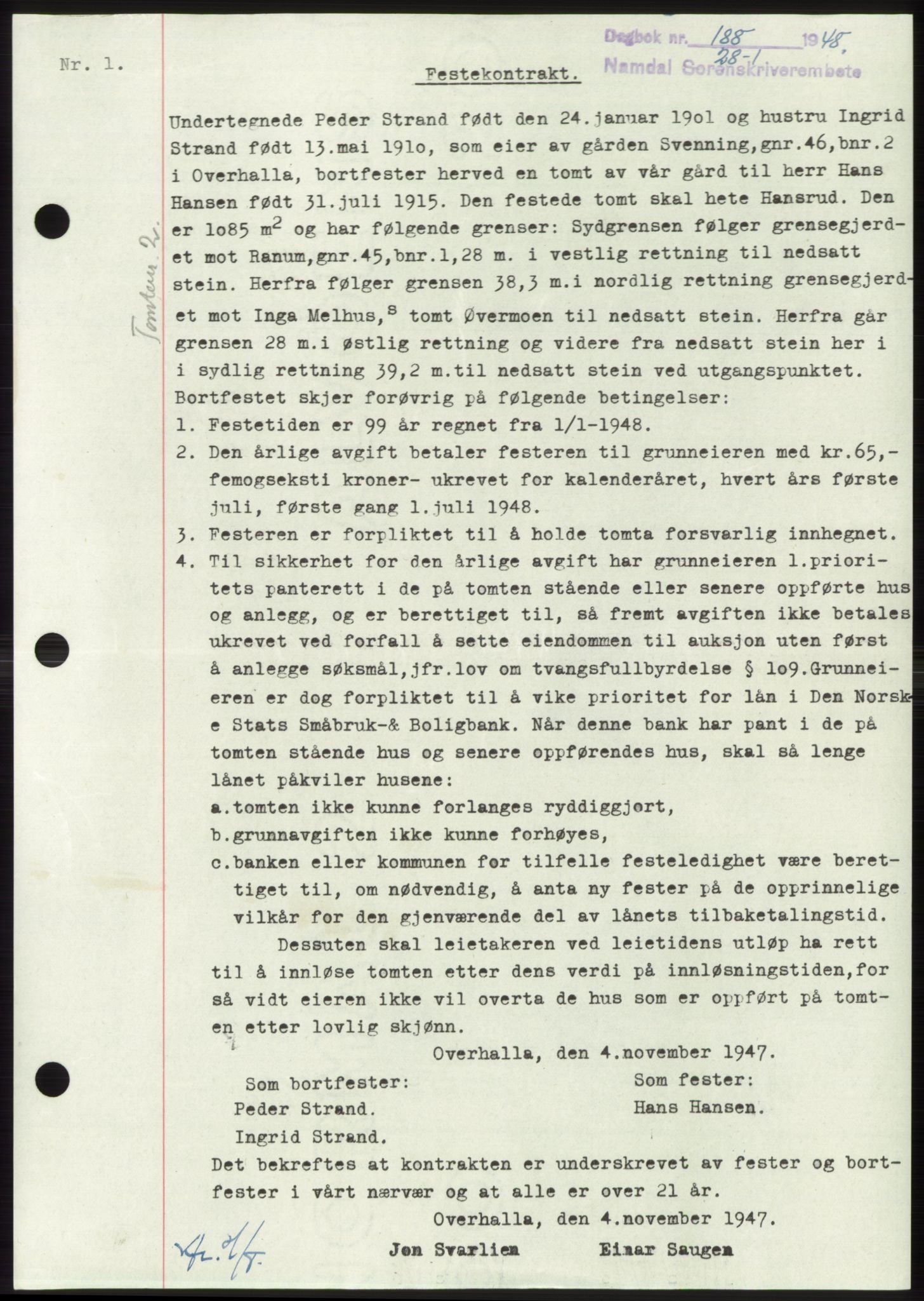 Namdal sorenskriveri, SAT/A-4133/1/2/2C: Pantebok nr. -, 1947-1948, Dagboknr: 188/1948