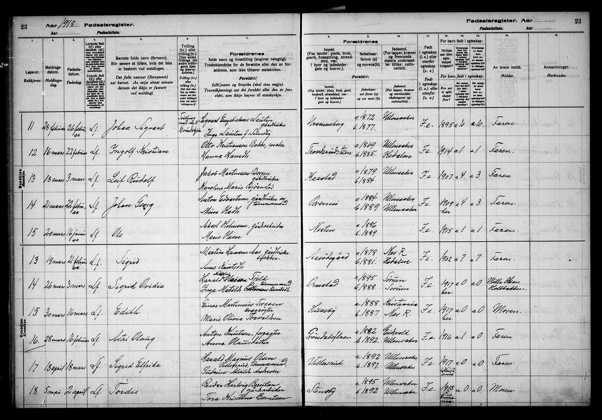 Ullensaker prestekontor Kirkebøker, AV/SAO-A-10236a/J/Ja/L0001: Fødselsregister nr. I 1, 1916-1938, s. 23