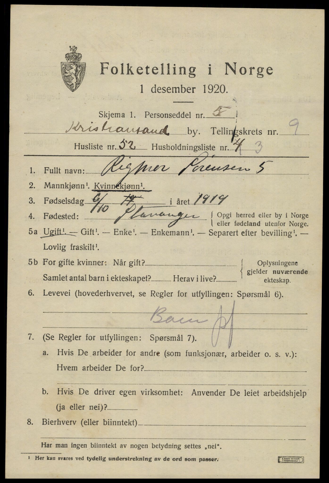 SAK, Folketelling 1920 for 1001 Kristiansand kjøpstad, 1920, s. 23507