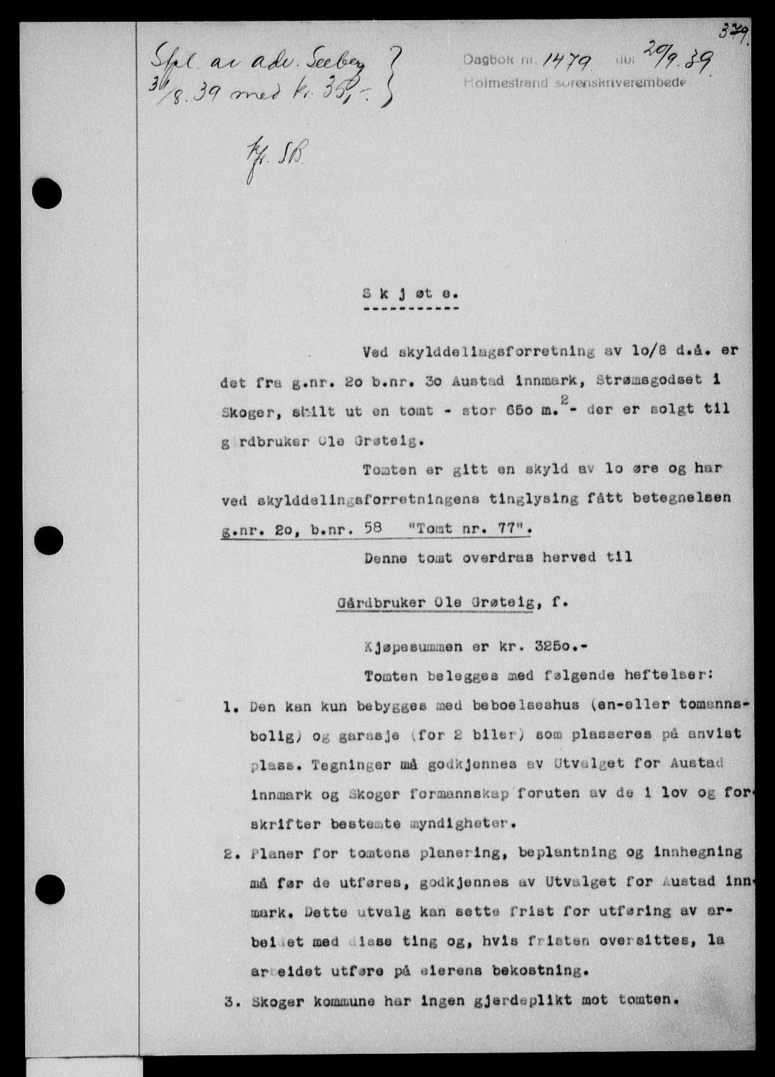 Holmestrand sorenskriveri, SAKO/A-67/G/Ga/Gaa/L0051: Pantebok nr. A-51, 1939-1940, Dagboknr: 1479/1939